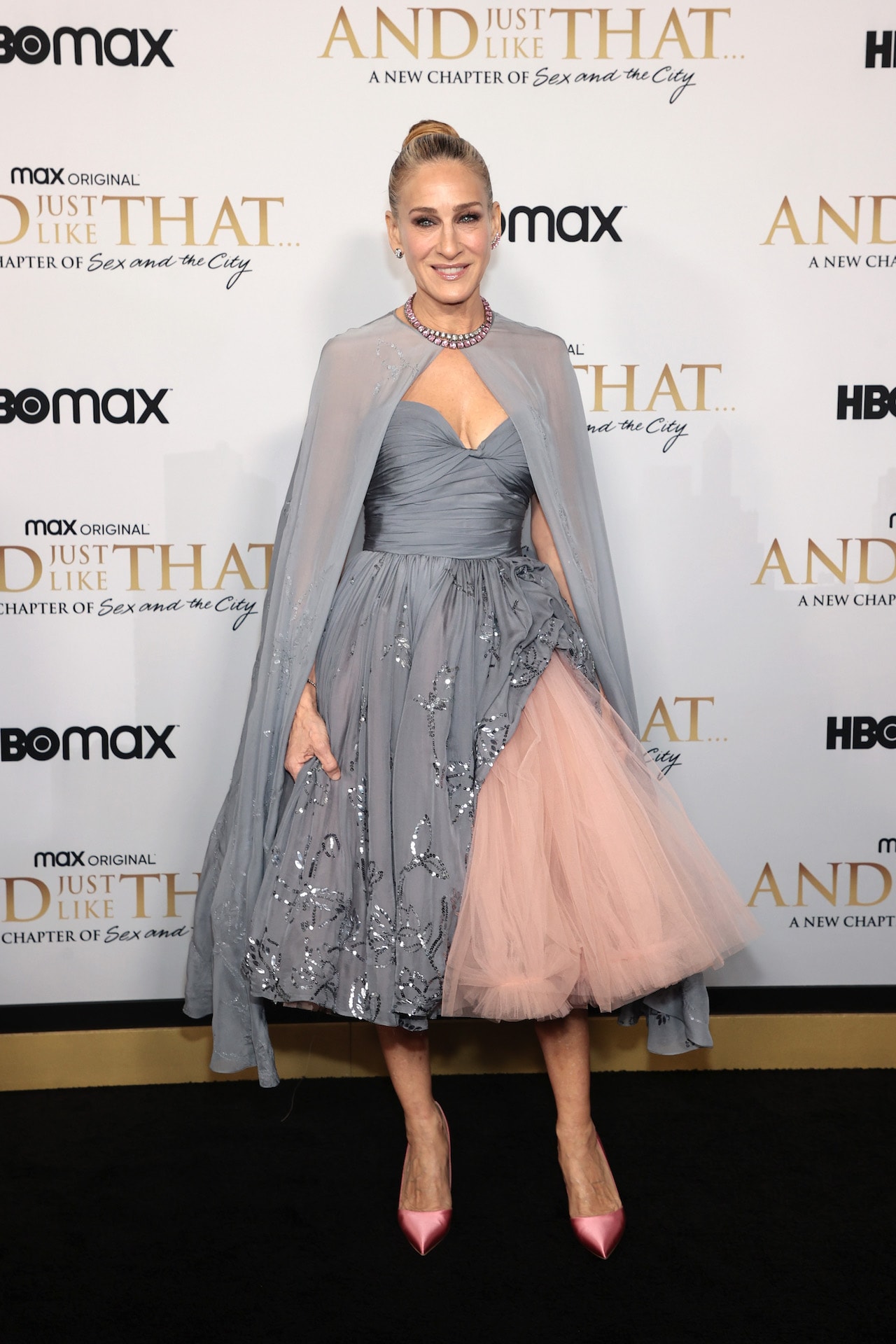 sarah jessica parker sex and the city and just like that premiere hbo max oscar de la renta dress gown sjp shoes heels red carpet