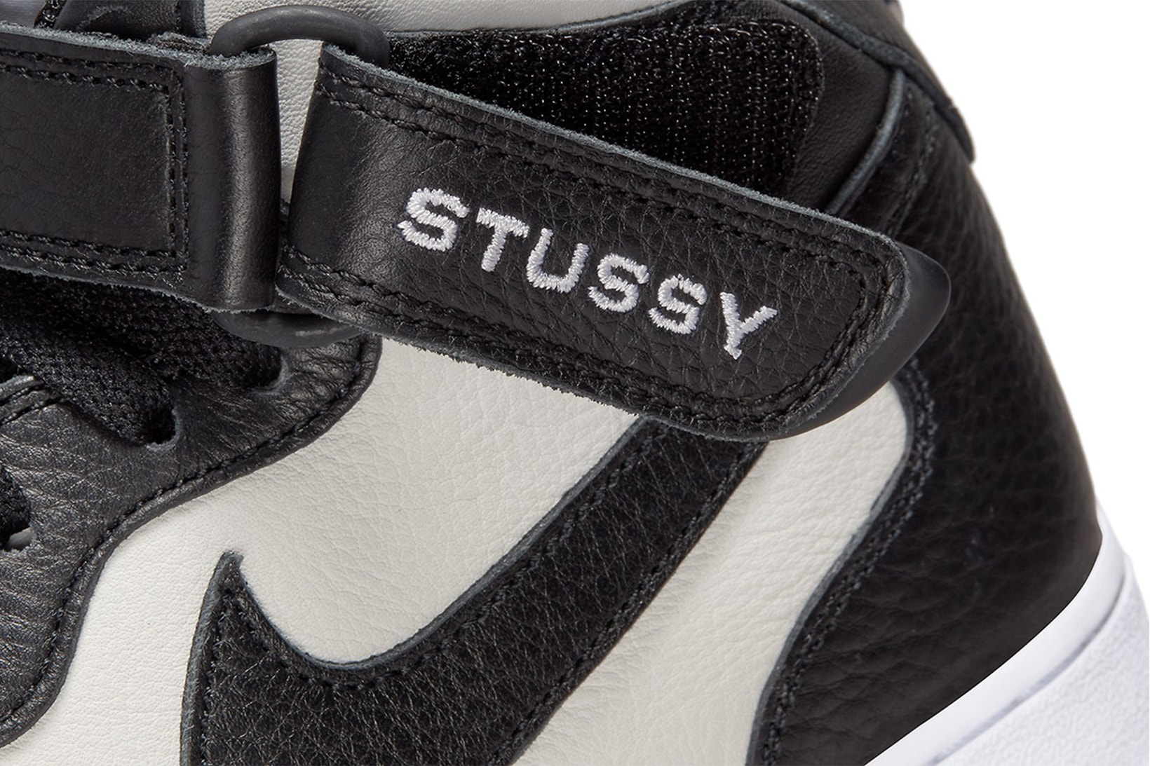 Stüssy Nike Air Force 1 Mid Sneakers Black White Ankle Strap Details