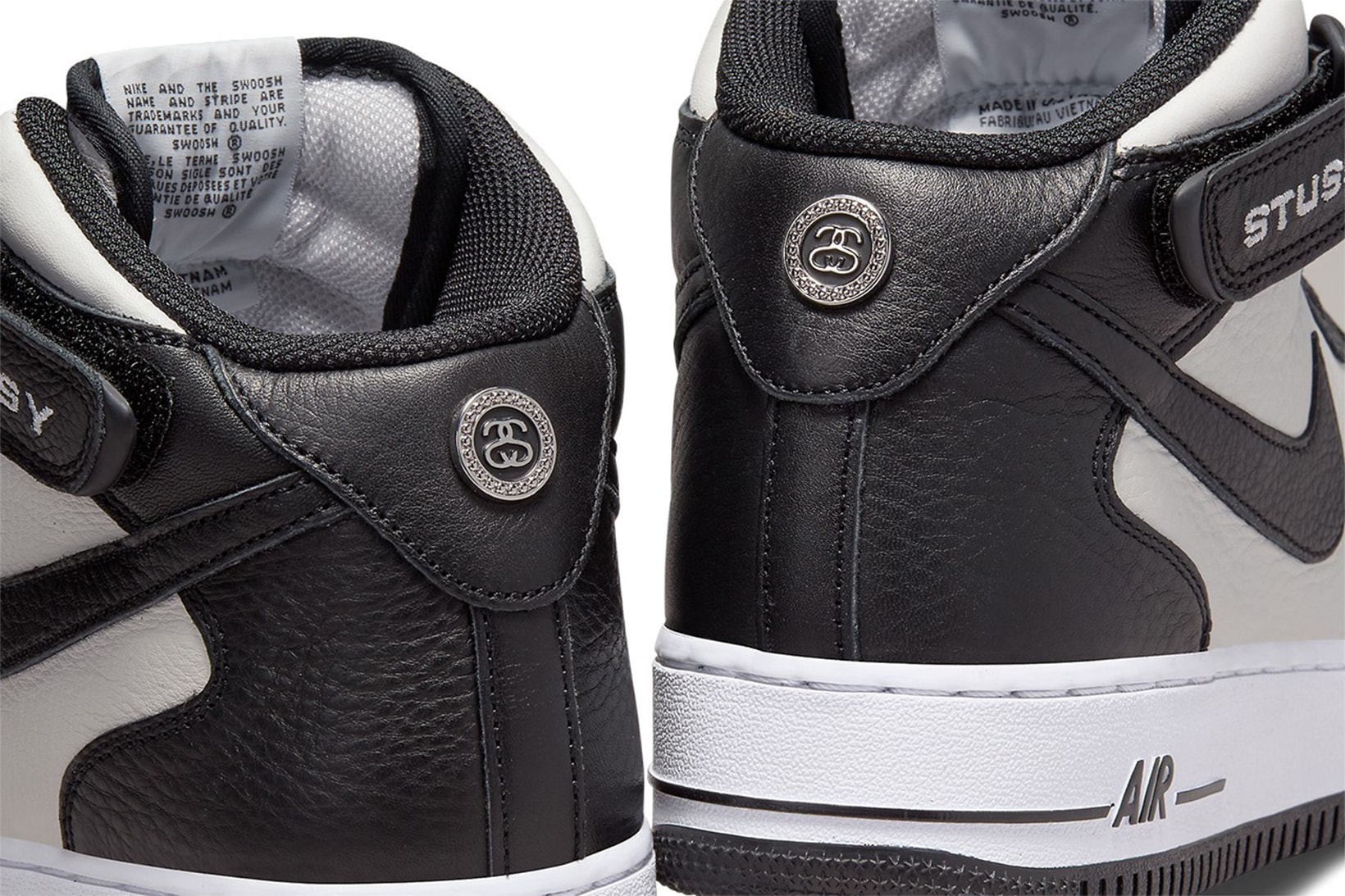 Stüssy Nike Air Force 1 Mid Sneakers Black White Heel Details