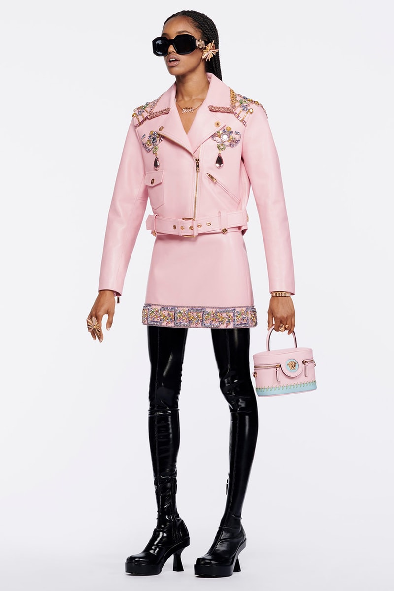 versace womens pre fall 2022 pink leather jacket skirt
