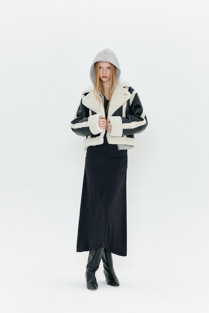 yuse fall winter yuse fall winter 2021 2022 collection faux fur sherling lined coat maxi skirt