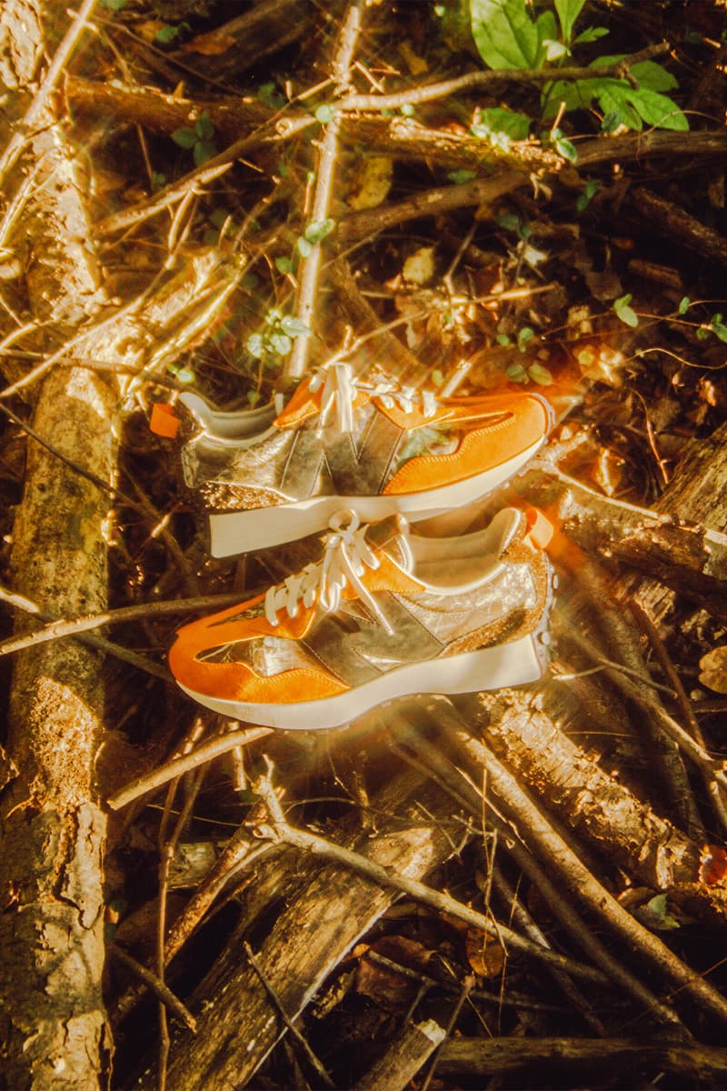 atmos x new balance 327 Uk7 "Realtree" Official Look Camo Orange Brown Lifestyle Shot