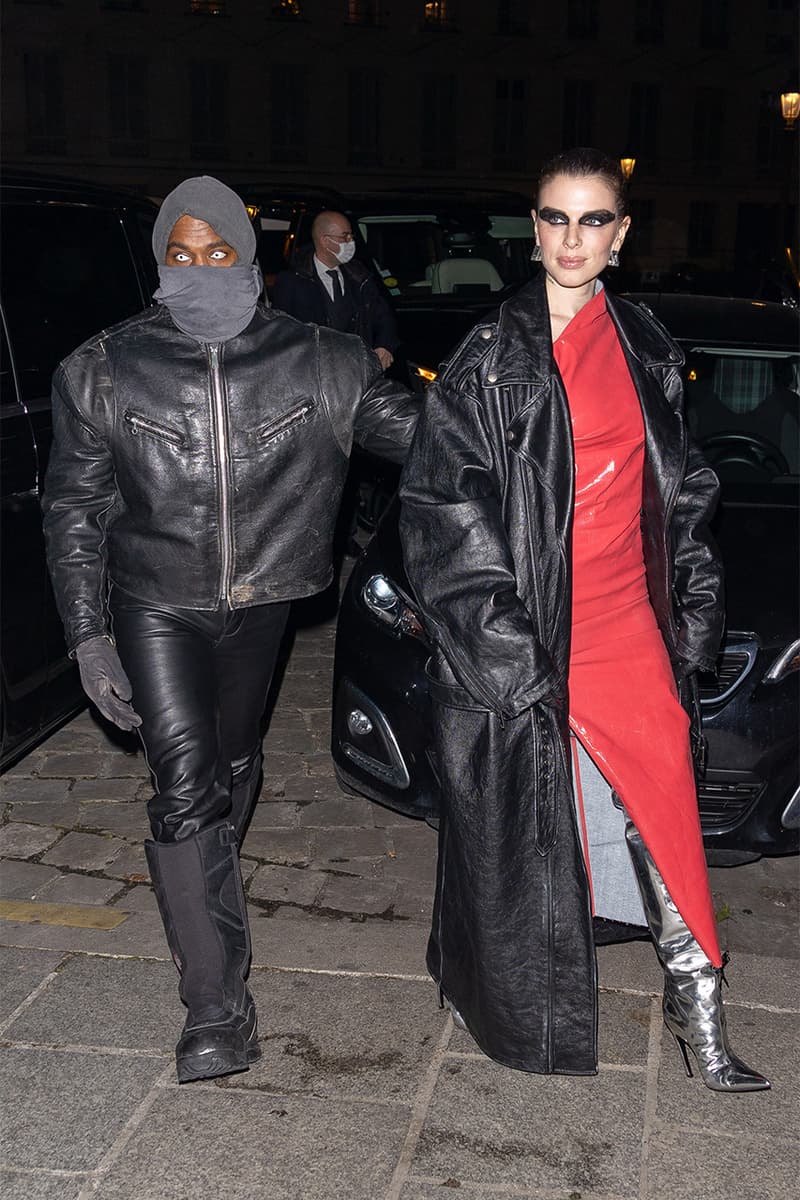 Julia Fox Kanye West Balaclava Red Dress Leather Jacket Paris Fashion Week Men's Fall Winter 2022