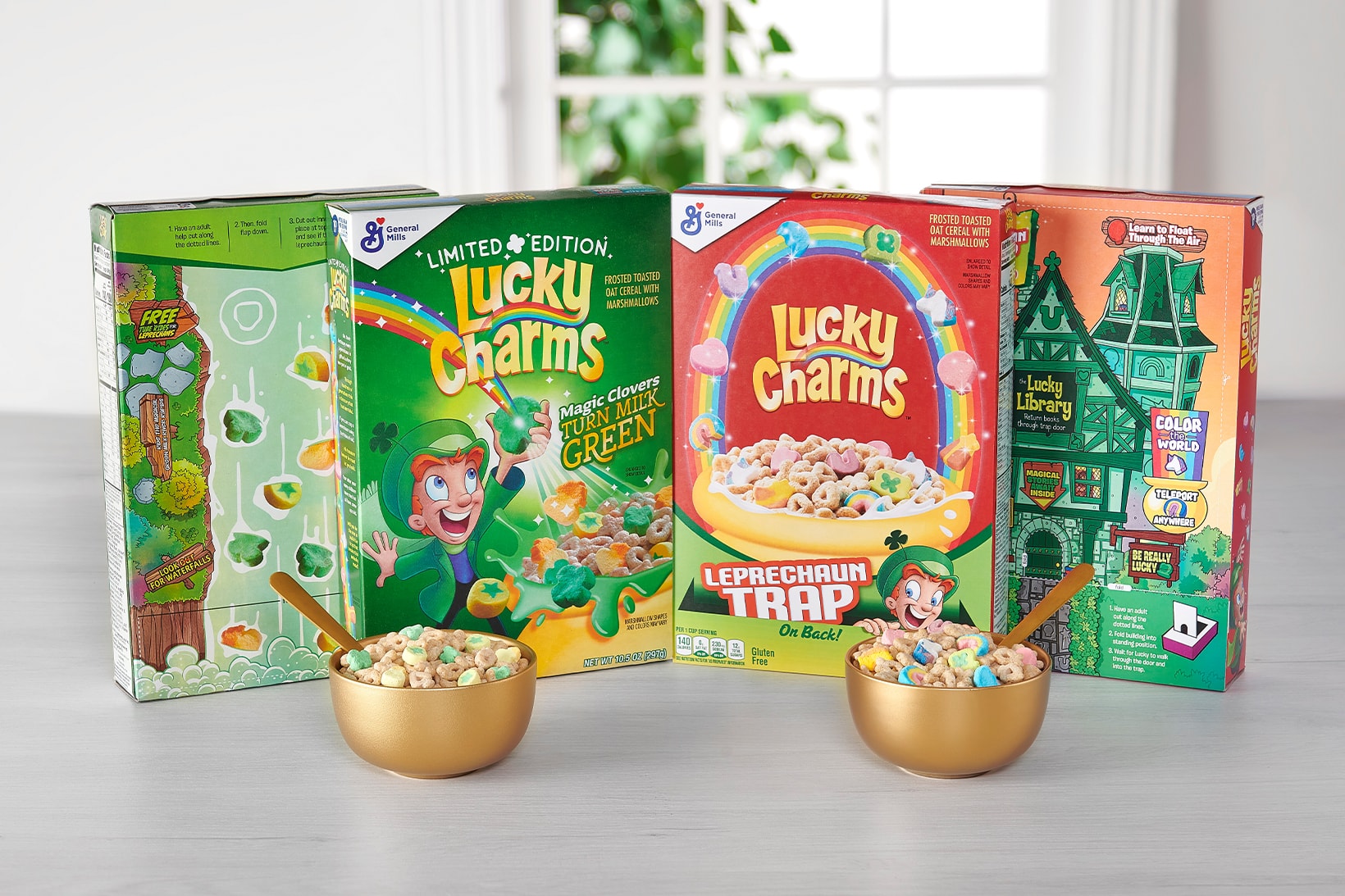 Lucky Charms St. Patrick's Day Cereals Green Milk Turn Traps and Treats Breakfast Packaging