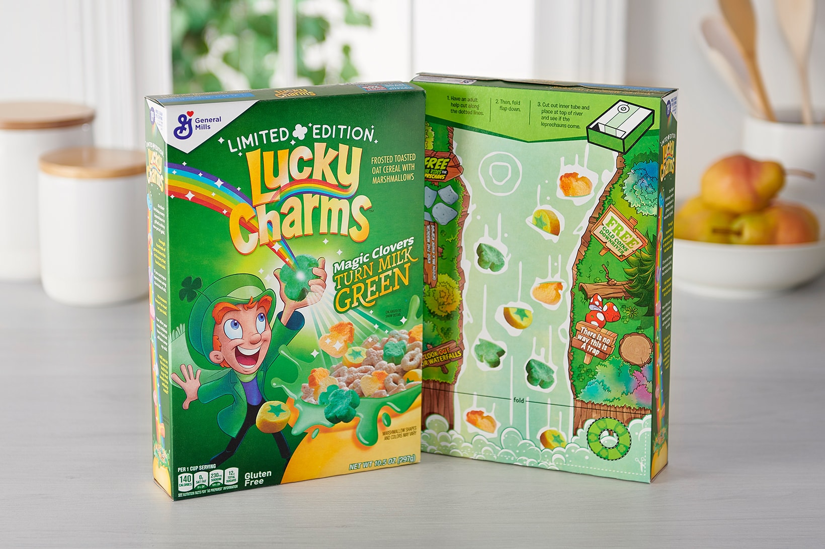 Lucky Charms St. Patrick's Day Cereals Green Milk Turn Packaging