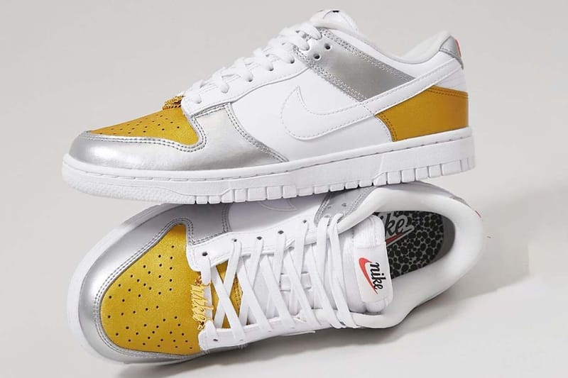 gold and white nike dunks