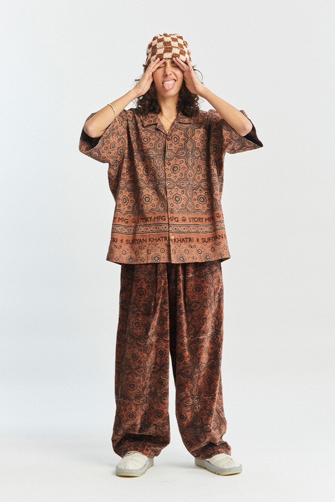 Story Mfg. Try Try Try Fall Winter Collection Lookbook Shirt Oversized Pants Beanie Brown