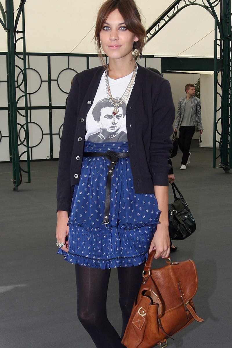 Alexa Chung Fashion Twee Style Luella Spring/Summer 2009 London Fashion week 2008 outfit skirt belt satchel bag cardigan t-shirt necklaces rings