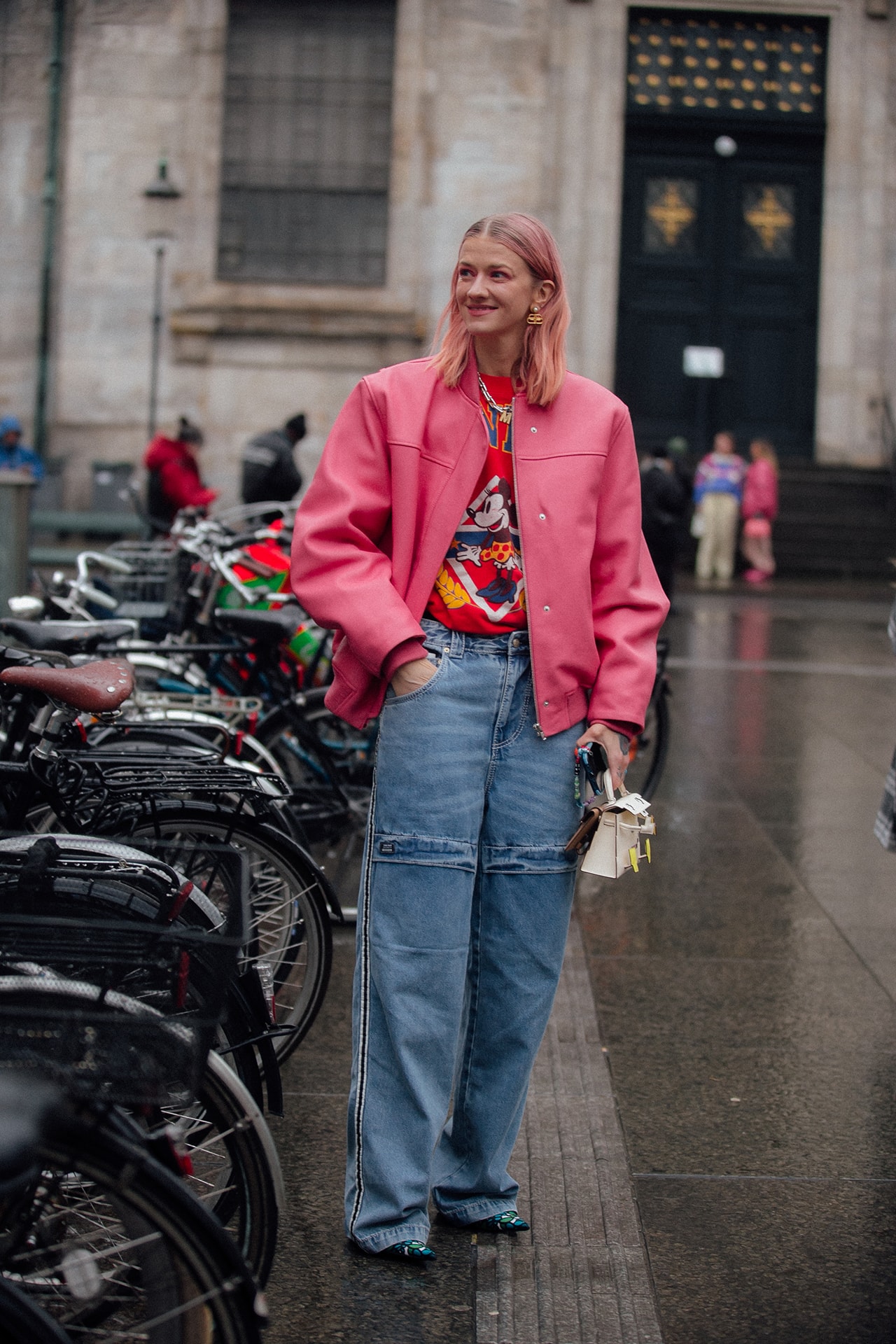 Copenhagen Fashion Week FW22 Fall Winter 2022 Street Style Influencer Pink Hair Jacket Disney Mickey Tee Vintage Jeans