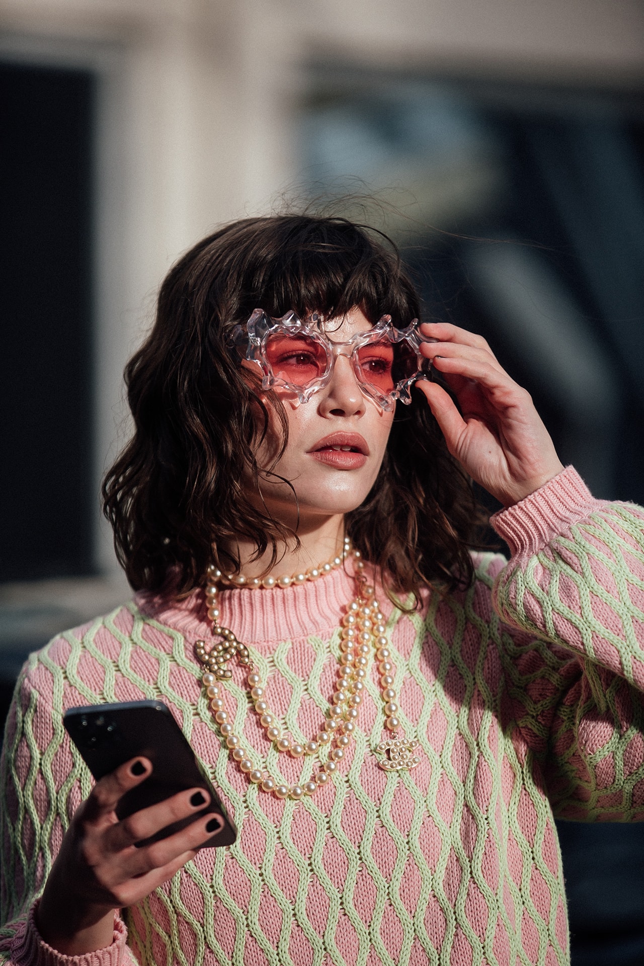 Copenhagen Fashion Week FW22 Fall Winter 2022 Street Style Influencer Pink Sunglasses Chanel Necklace