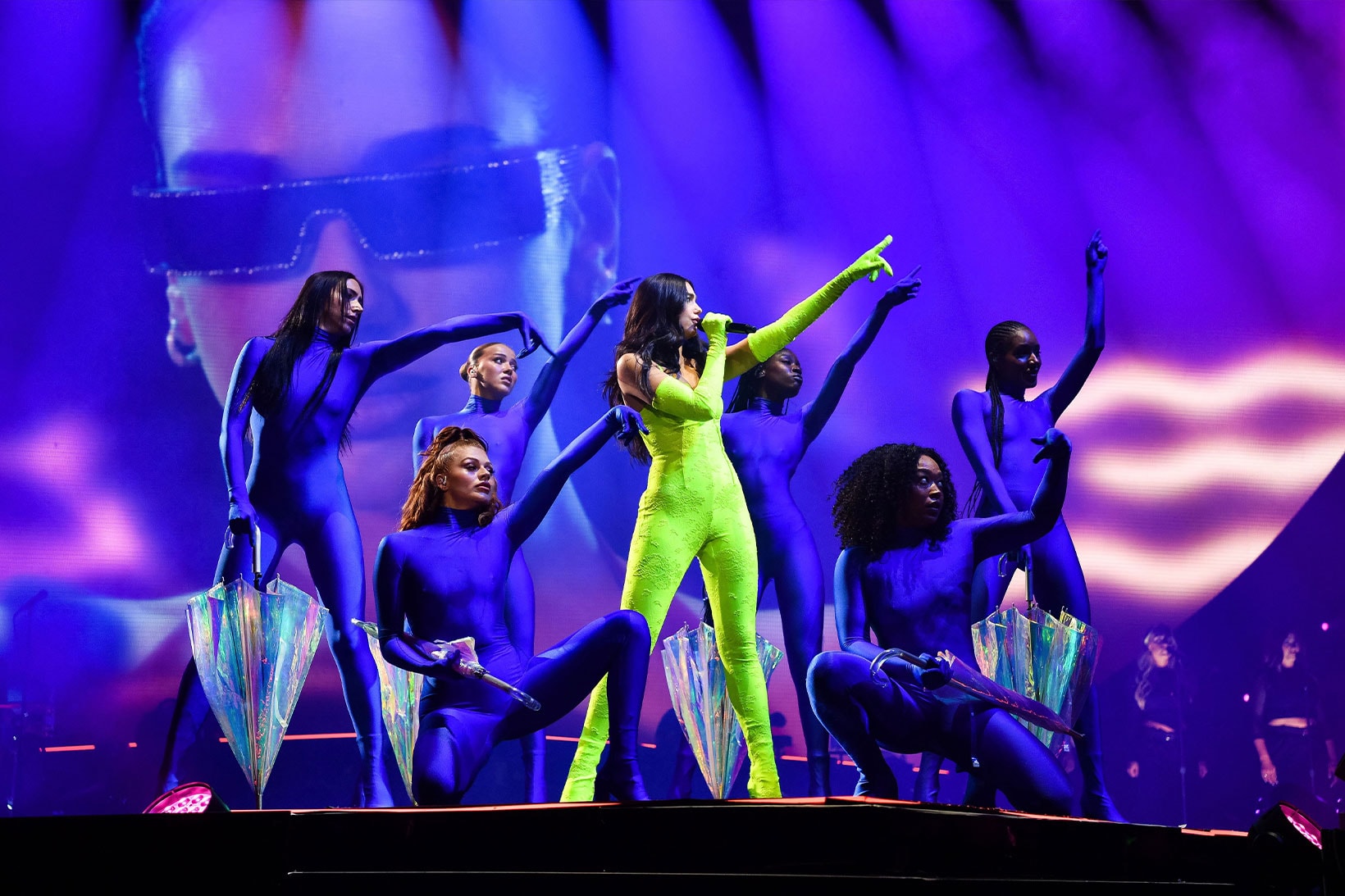 Dua Lipa Balenciaga Neon Yellow Suit Future Nostalgia Tour Miami Backdancers Performing