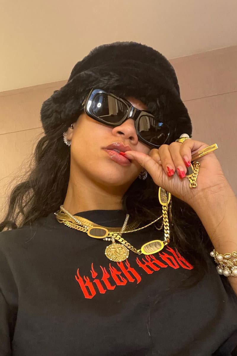 Rihanna Selfie Fuzzy Faux Fur Bucket Hat Sunglasses Jewelry