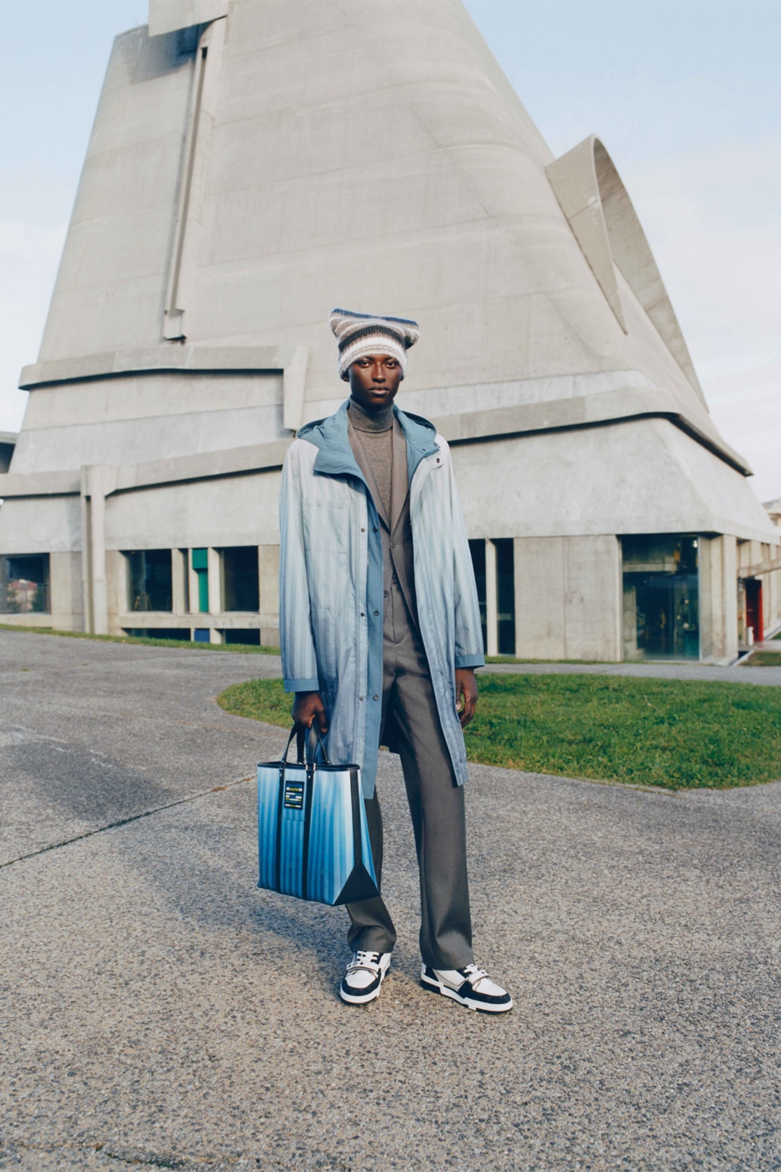 Louis Vuitton Virgil Abloh Daybreak Pre-Fall 2022 Collection Sportswear Striped Coat Gray Suit