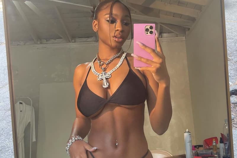 Normani Fair Single Bikini Black Gucci Thong Fallopian Heels Sandals