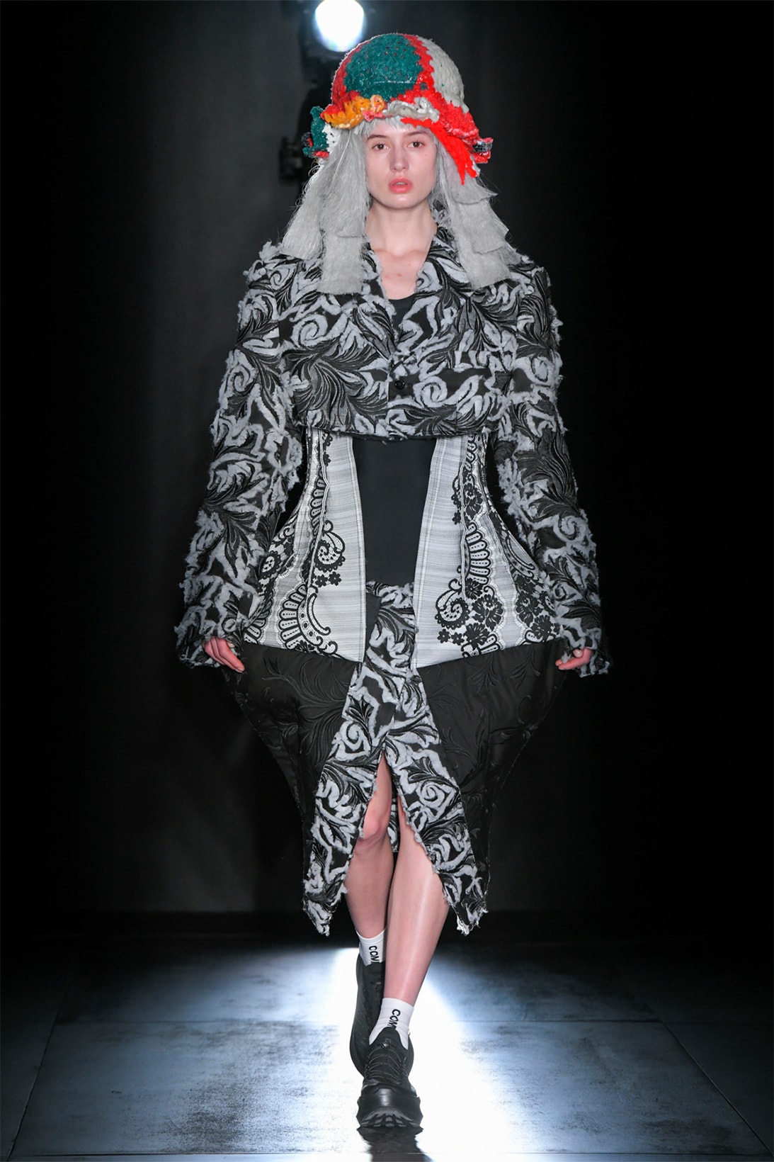 comme des garcons fall winter collection salomon pulsar platform tokyo runway show dress headpiece gray black red