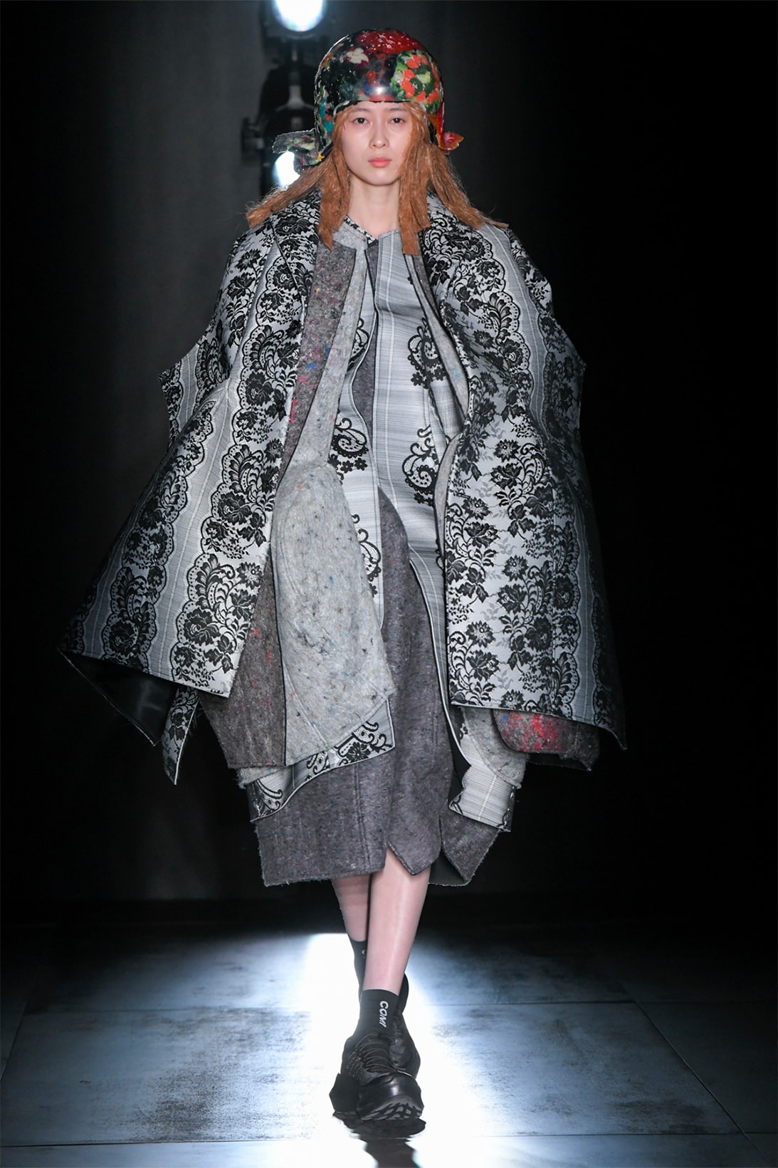 comme des garcons fall winter collection salomon pulsar platform tokyo runway show silk coat linen dress gray