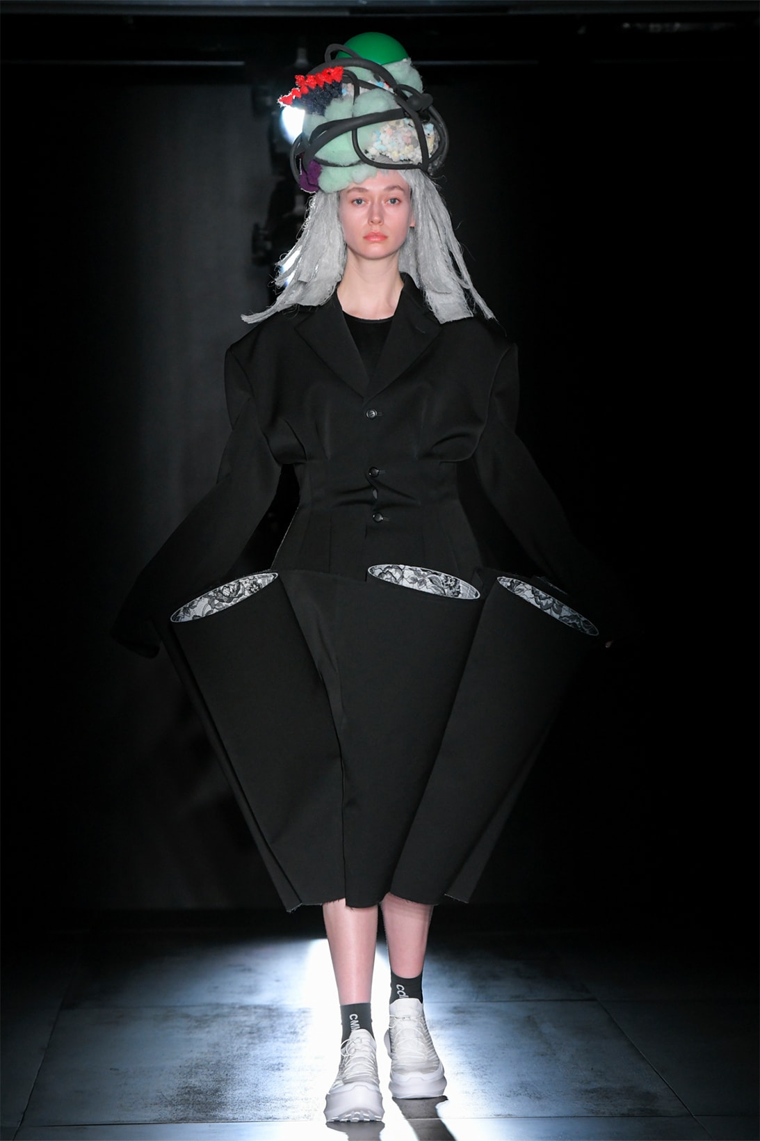 comme des garcons fall winter collection salomon pulsar platform tokyo runway show coat headpiece black
