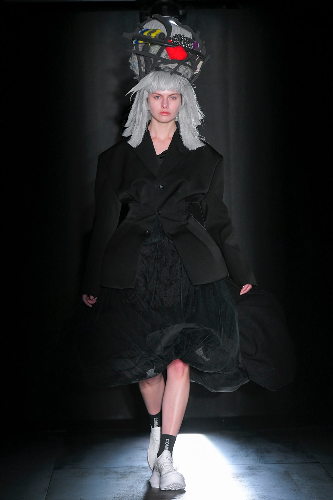 comme des garcons fall winter collection salomon pulsar platform tokyo runway show ruffled dress coat black