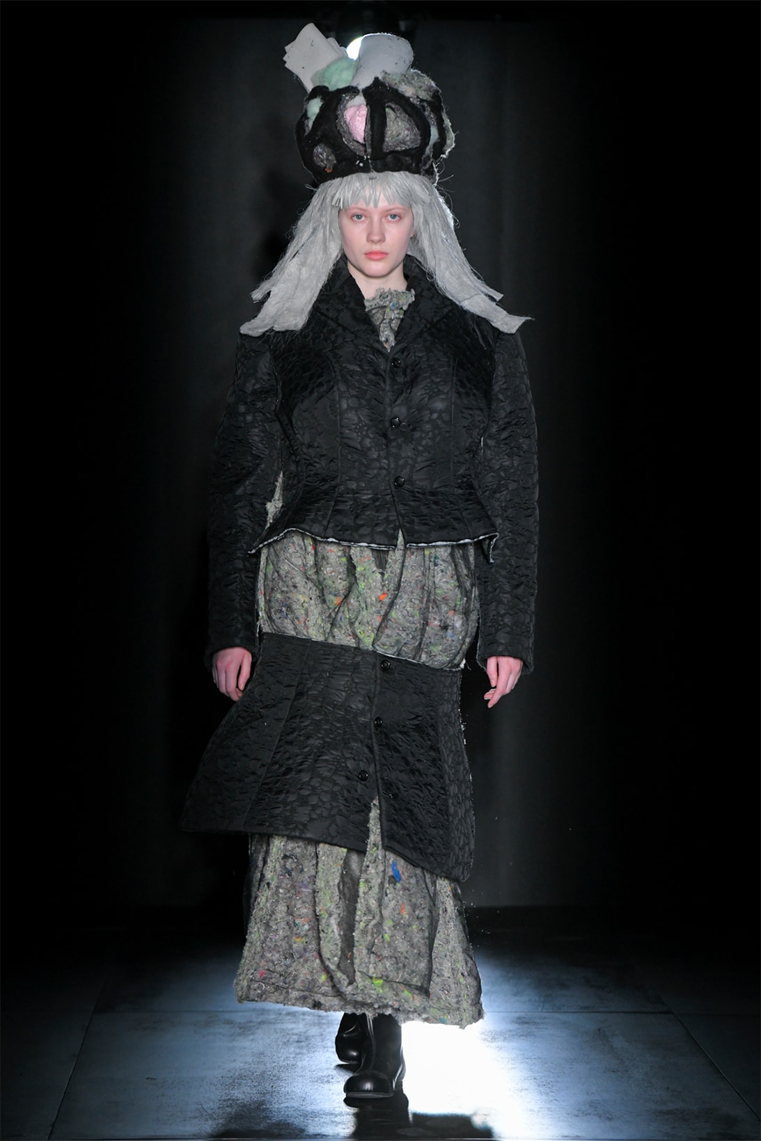 comme des garcons fall winter collection salomon pulsar platform tokyo runway show cropped suit dress headpiece black gray