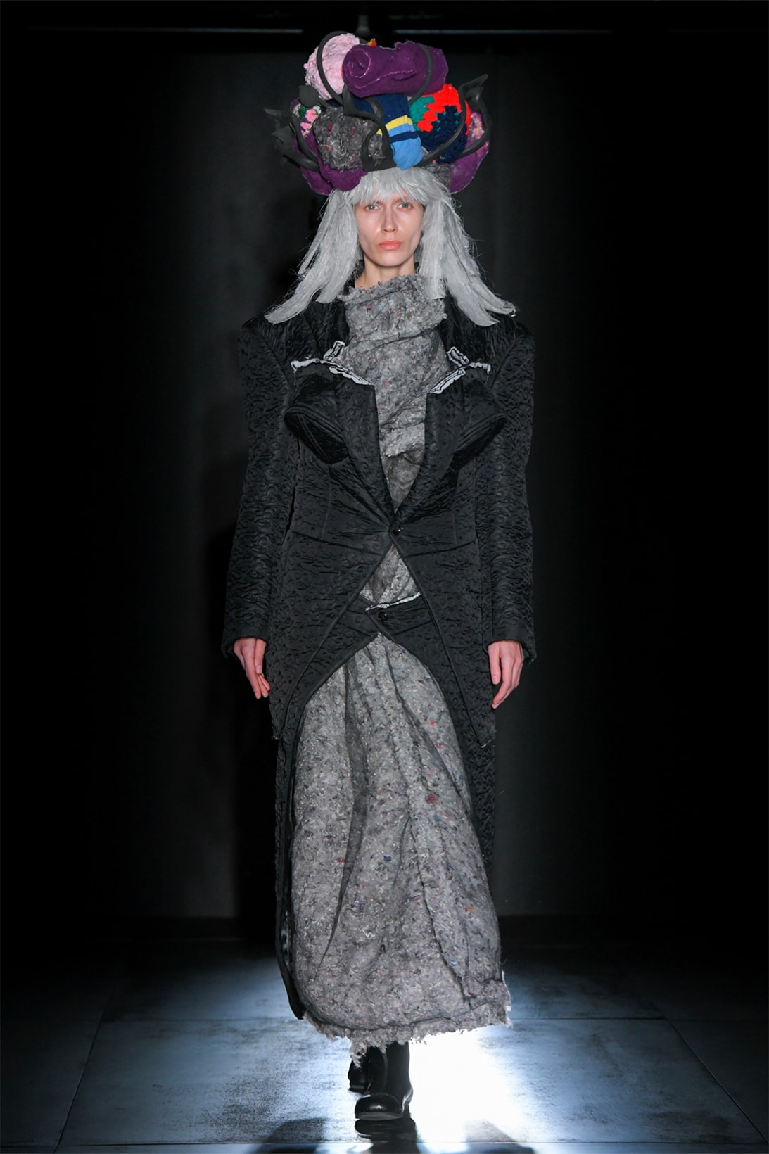 comme des garcons fall winter collection salomon pulsar platform tokyo runway show suit dress headpiece black gray