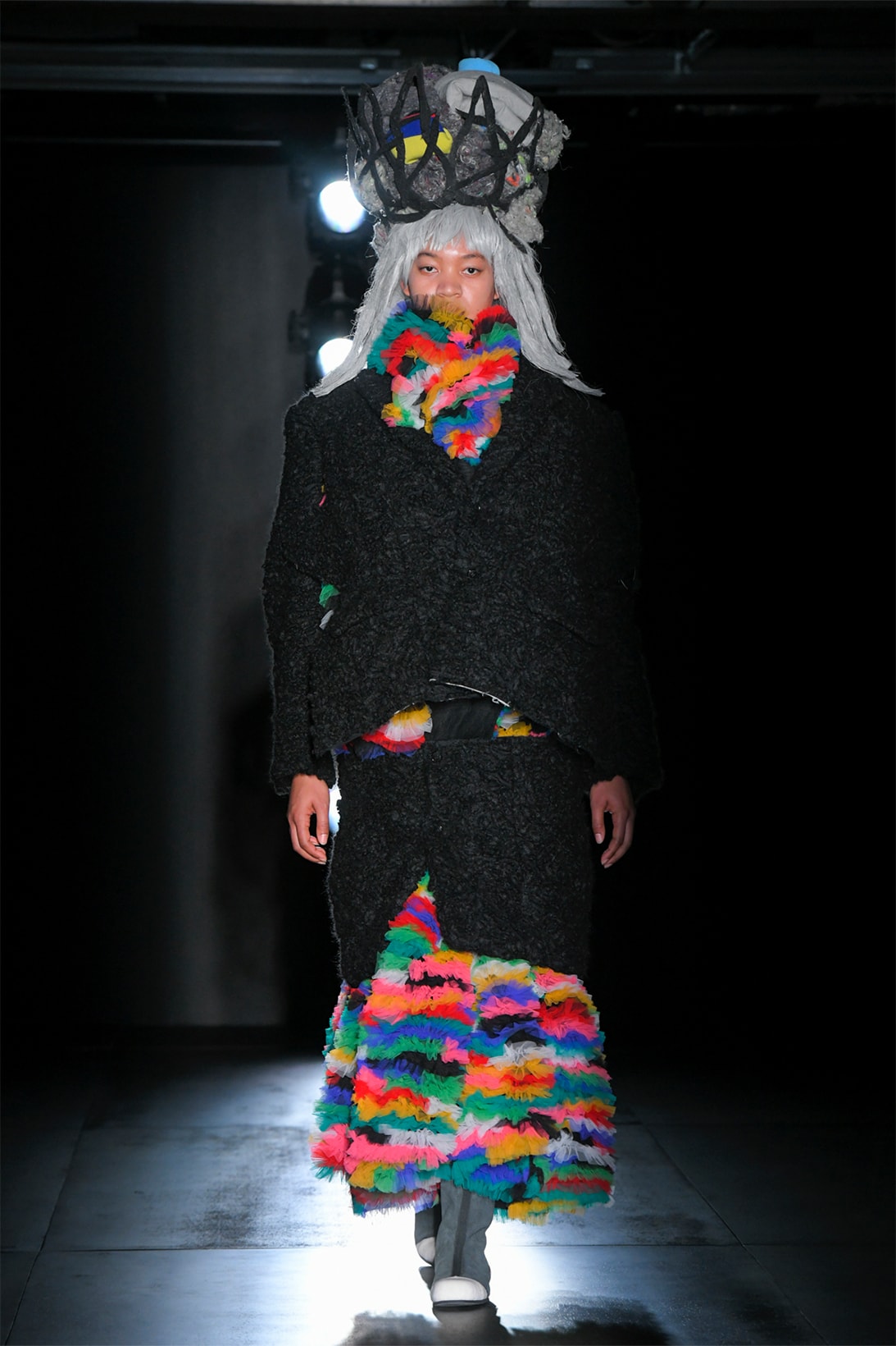 comme des garcons fall winter collection salomon pulsar platform tokyo runway show suit ruffled dress black multicolored