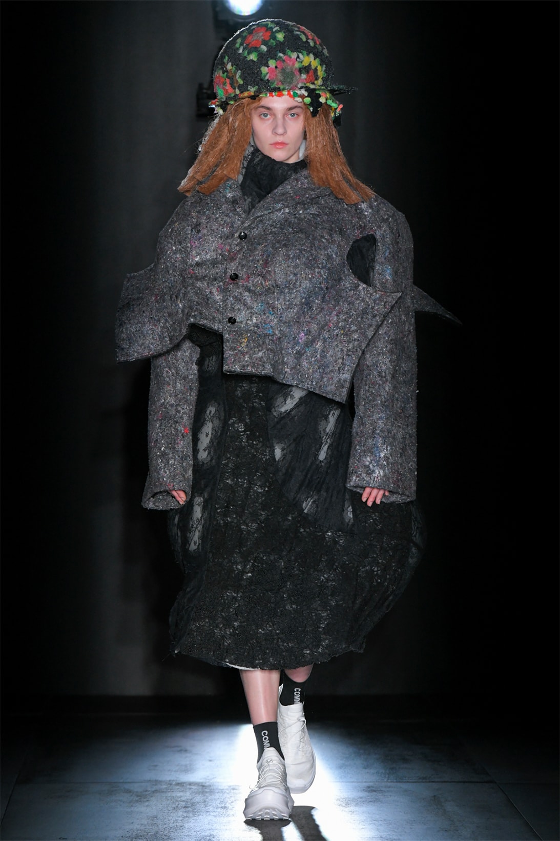 comme des garcons fall winter collection salomon pulsar platform tokyo runway show linen coat bucket hat gray black