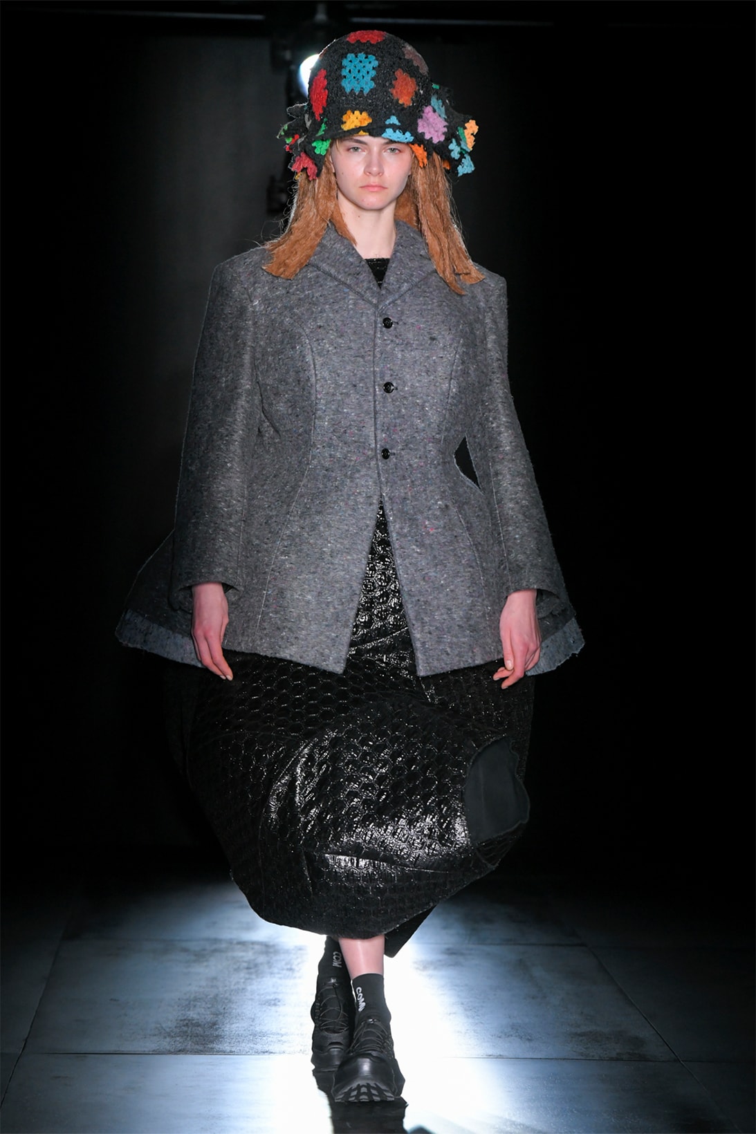comme des garcons fall winter collection salomon pulsar platform tokyo runway show oversized coat leather dress black gray