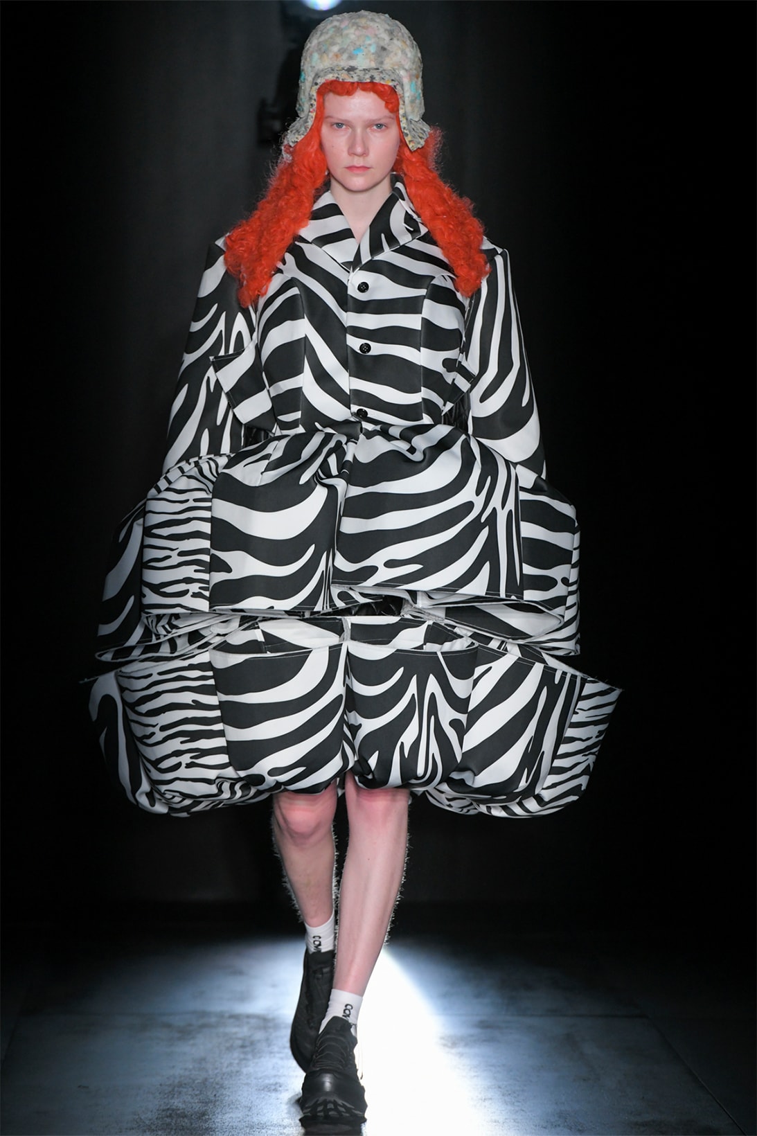 comme des garcons fall winter collection salomon pulsar platform tokyo runway show zebra print dress linen headpiece