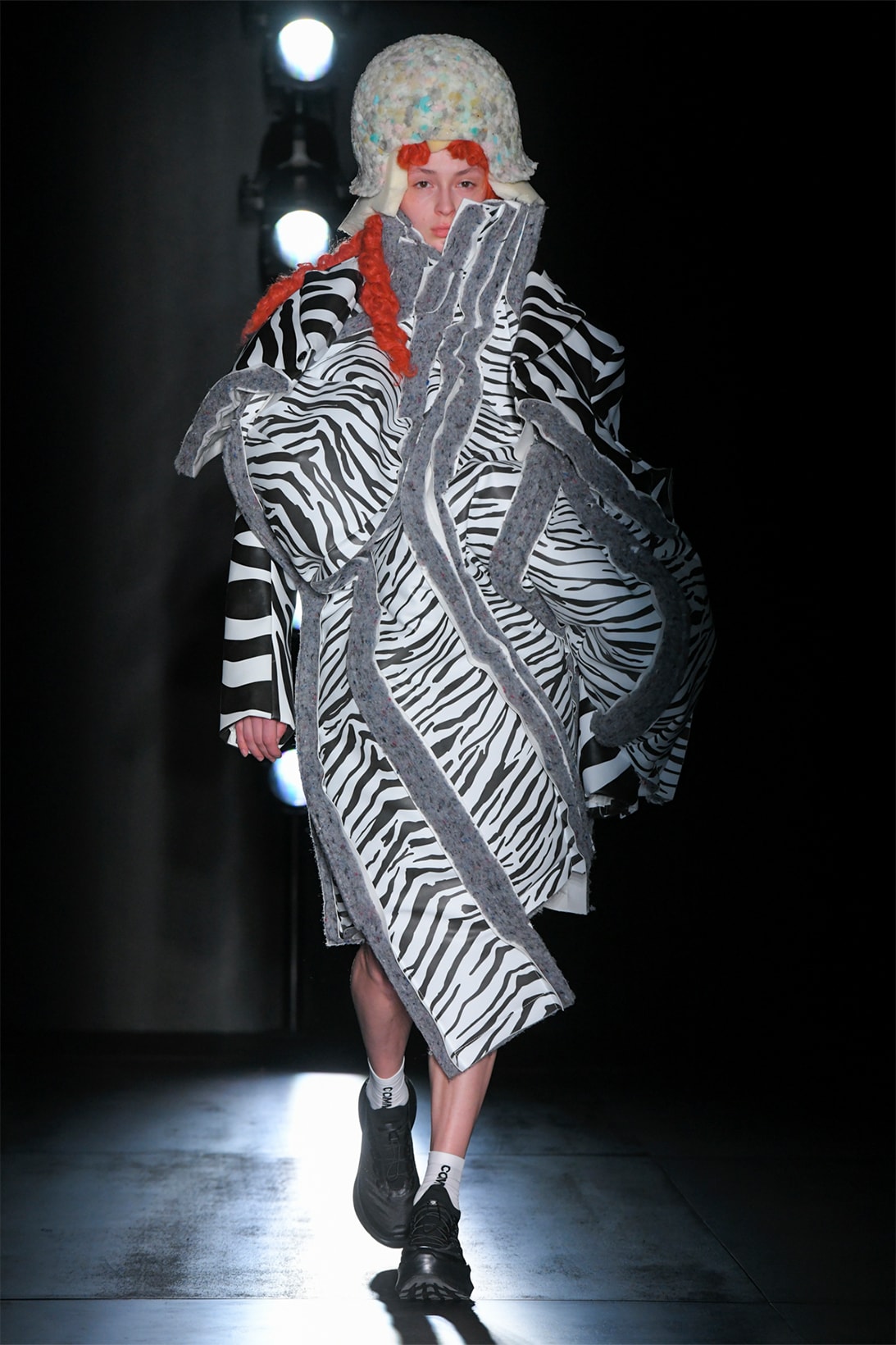 comme des garcons fall winter collection salomon pulsar platform tokyo runway show patchworked zebra dress headpiece