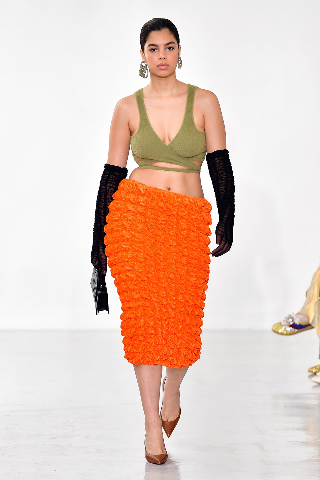 Ester Manas Fall Winter Collection Size Inclusivity Cut-Outs Fashion Week Runway Show Photos Bra Top Dress Green Orange