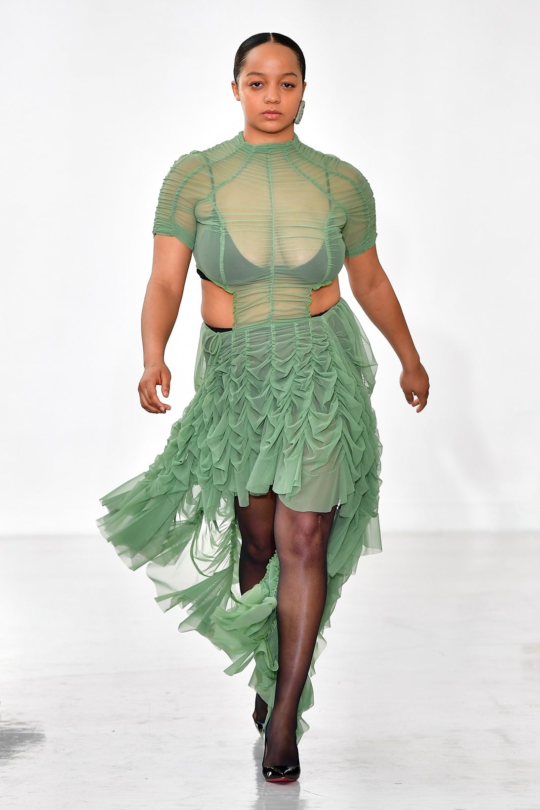 Ester Manas Fall Winter Collection Size Inclusivity Cut-Outs Fashion Week Runway Show Photos Transparent Green Dress