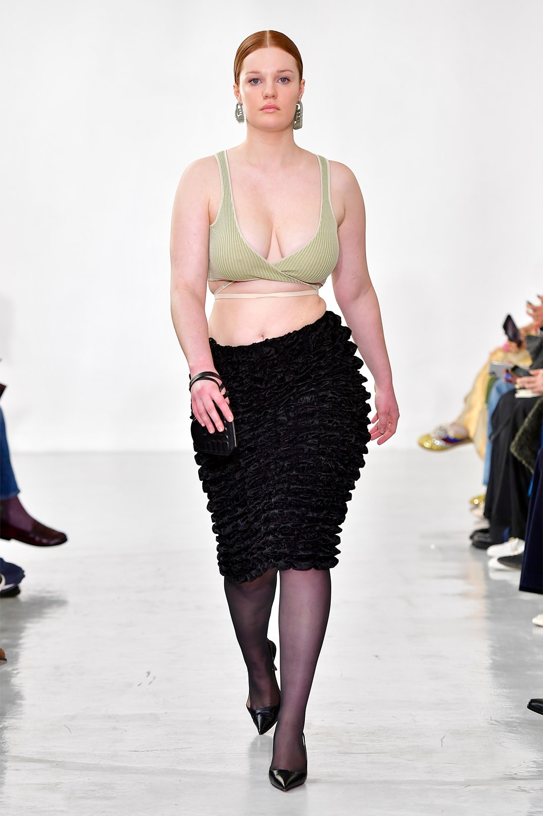 Ester Manas Fall Winter Collection Size Inclusivity Cut-Outs Fashion Week Runway Show Photos Ruffled Dress Bra Top Green Black