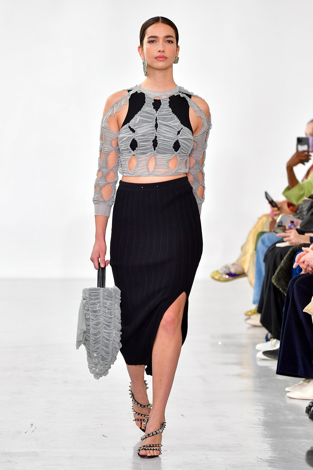 Ester Manas Fall Winter Collection Size Inclusivity Cut-Outs Fashion Week Runway Show Photos Sheared Top Skirt Gray Black