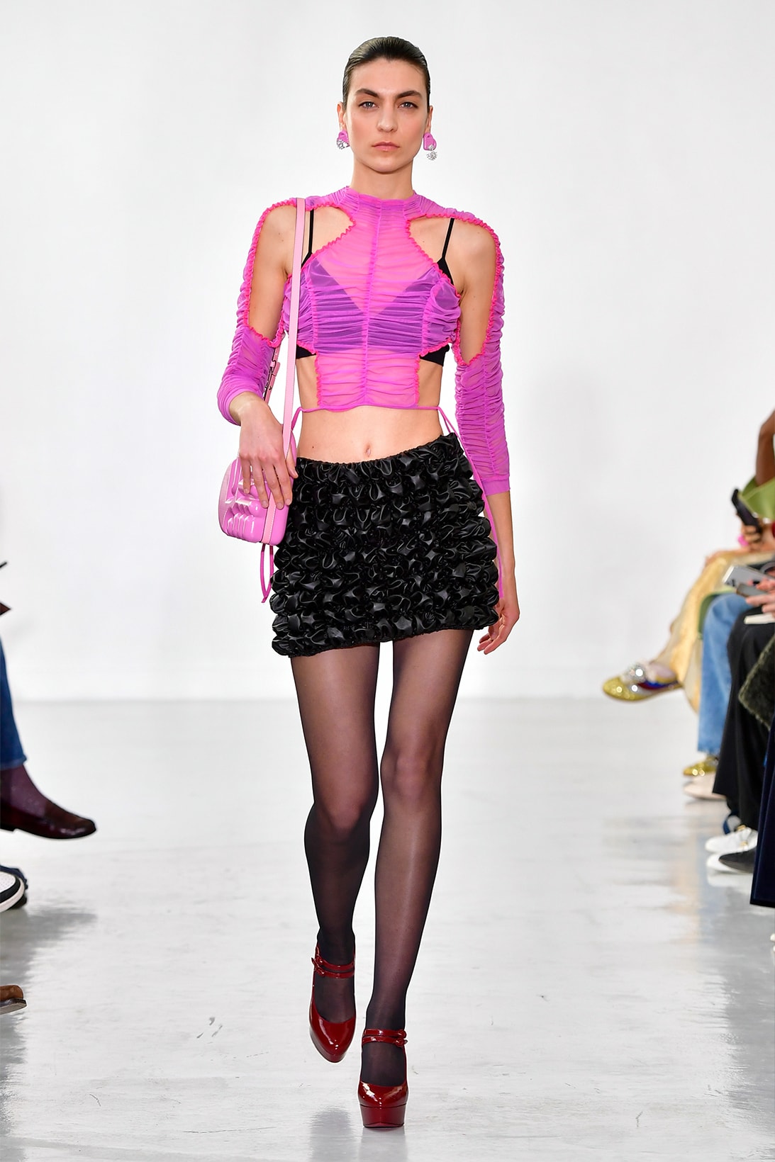 Ester Manas Fall Winter Collection Size Inclusivity Cut-Outs Fashion Week Runway Show Photos Pink Top Black Dress Bag