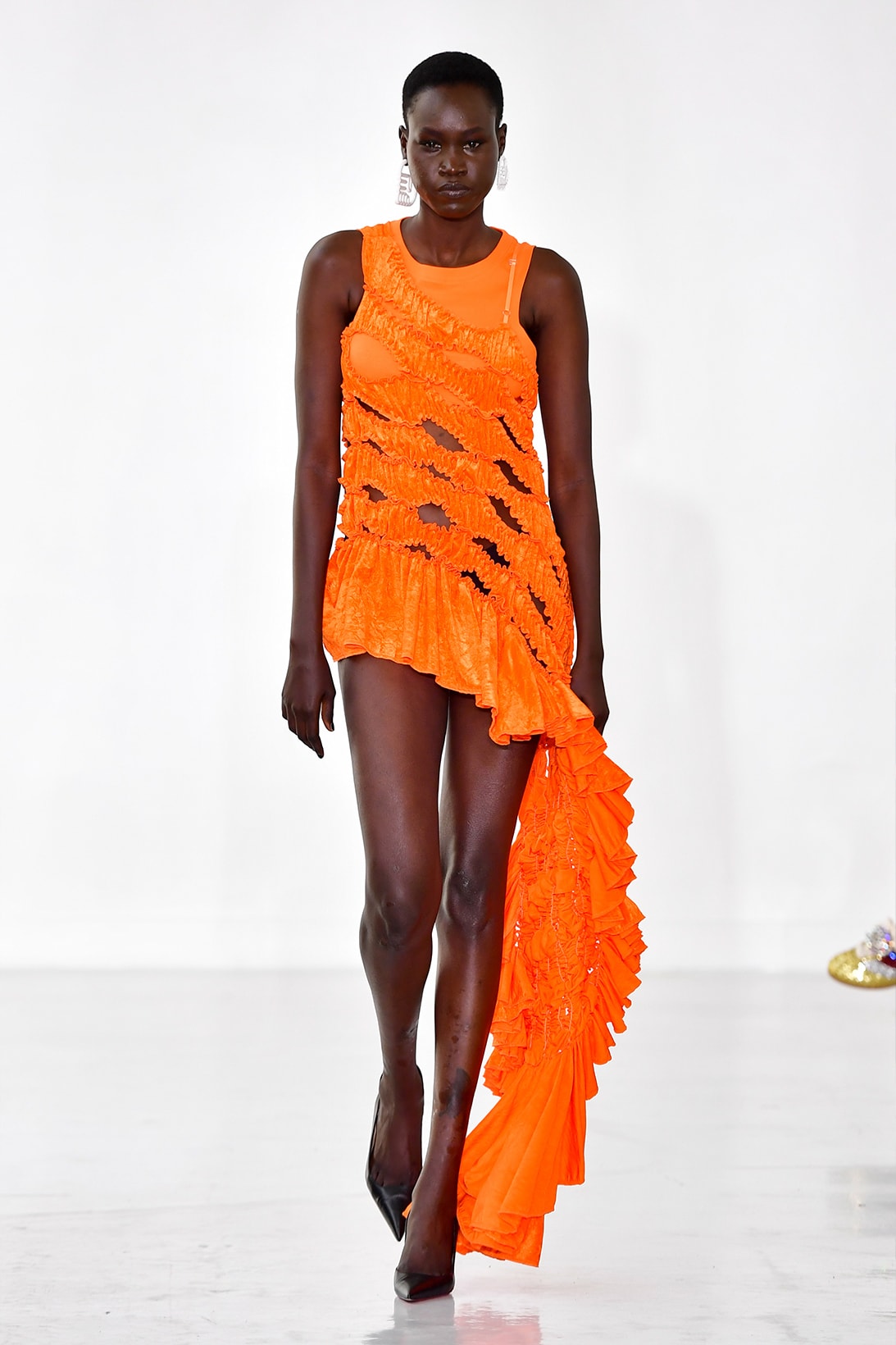 Ester Manas Fall Winter Collection Size Inclusivity Cut-Outs Fashion Week Runway Show Photos Tinsel Dress Orange