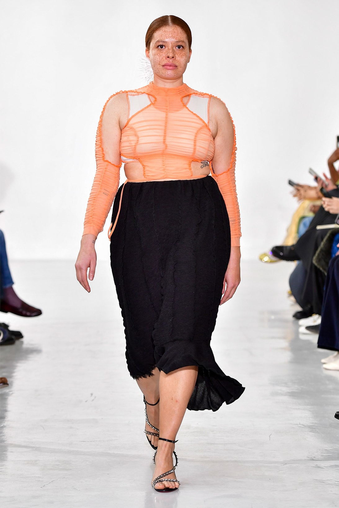 Ester Manas Fall Winter Collection Size Inclusivity Cut-Outs Fashion Week Runway Show Photos Bustier Top Skirt Orange Black