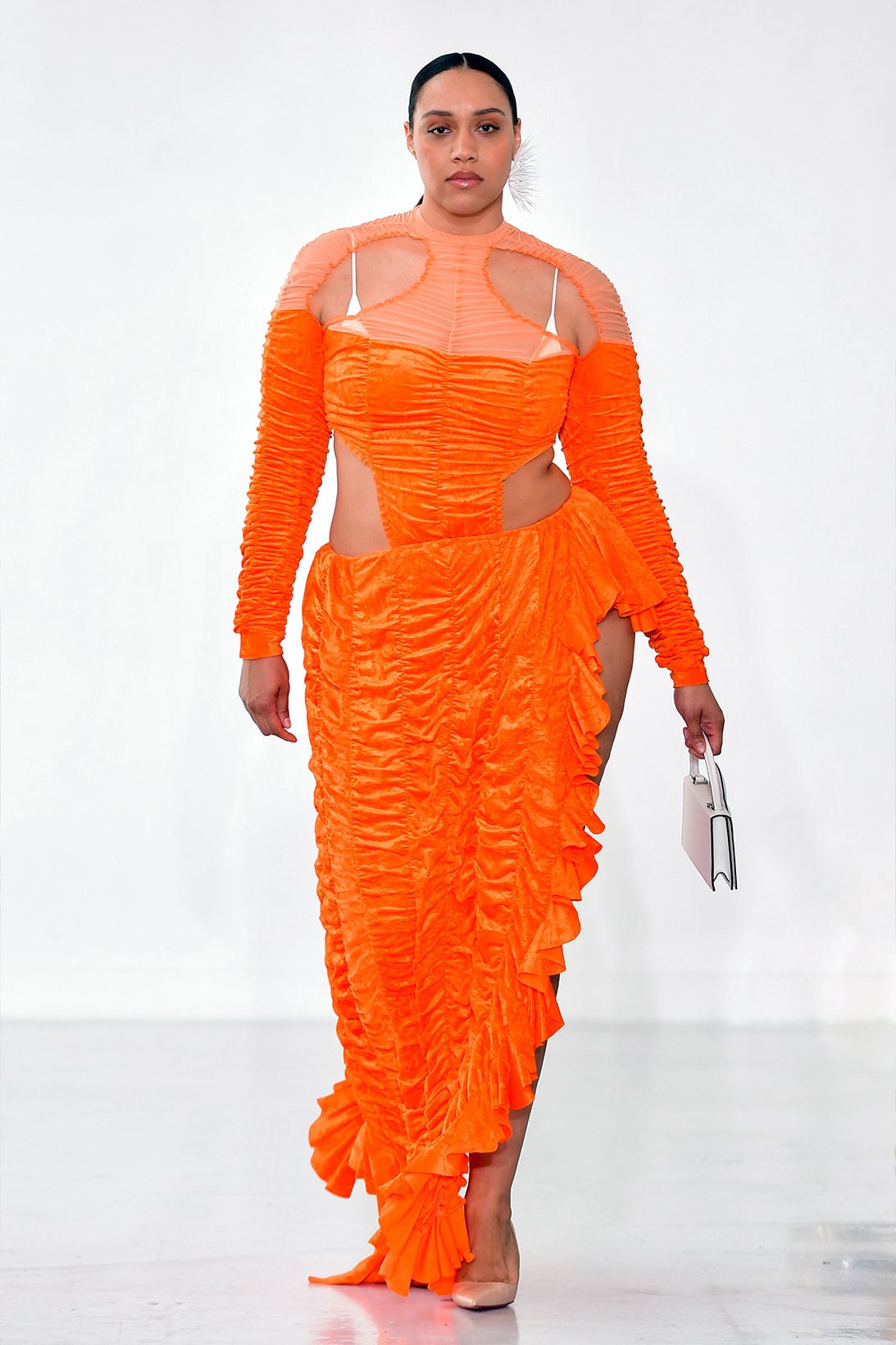 Ester Manas Fall Winter Collection Size Inclusivity Cut-Outs Fashion Week Runway Show Photos One-Piece Dress Orange