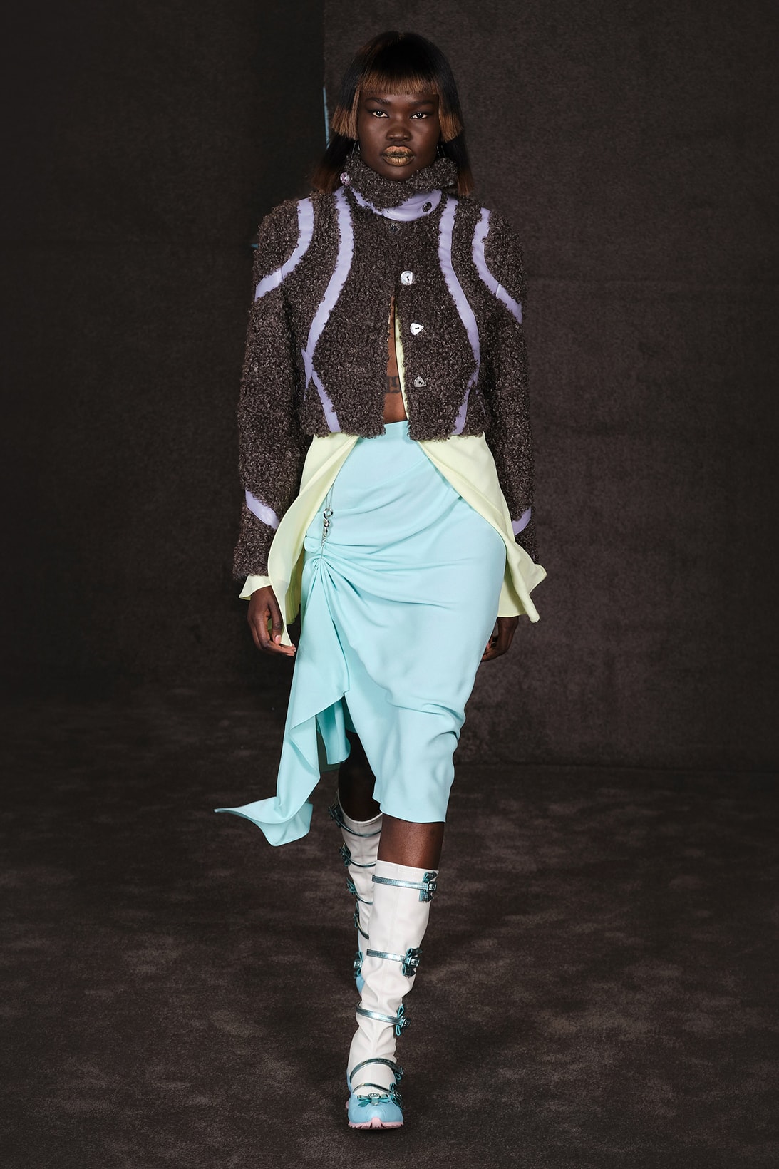 Kiko Kostadinov Fall Winter Collection Paris Fashion Week Runway Show Photos Wide Lapel Jacket Skirt Gray Teal