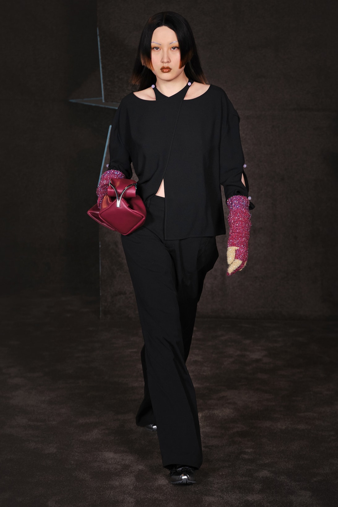 Kiko Kostadinov Fall Winter Collection Paris Fashion Week Runway Show Photos One-Piece Gloves Black Shocking Pink