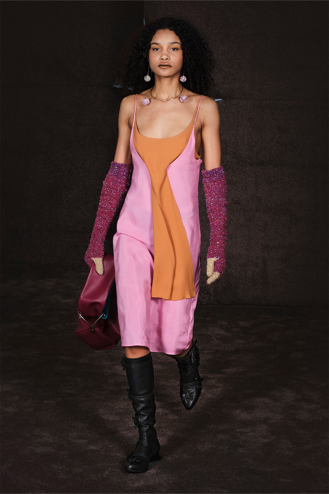 Kiko Kostadinov Fall Winter Collection Paris Fashion Week Runway Show Photos Dress Gloves Pink Brown