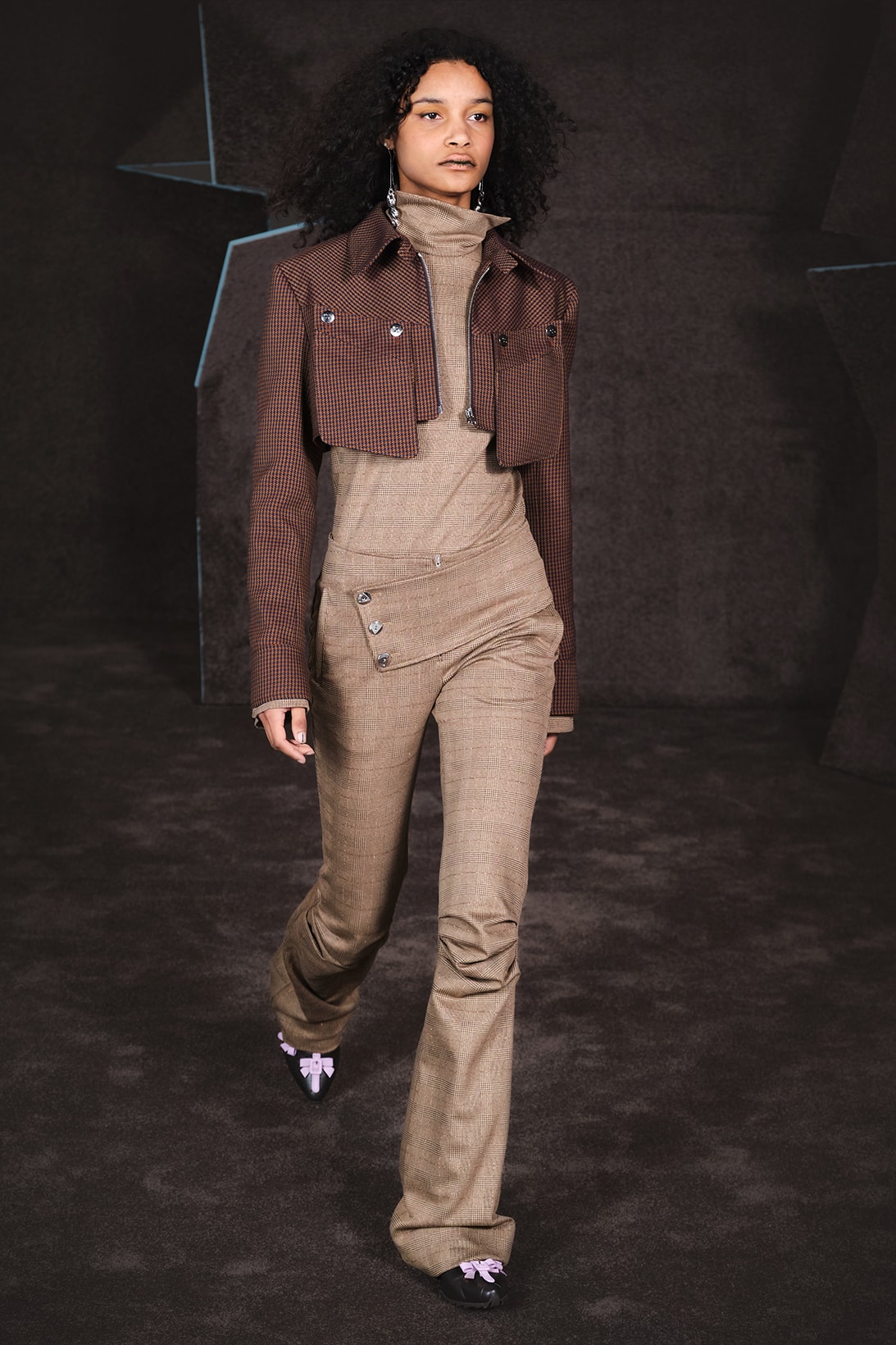 Kiko Kostadinov Fall Winter Collection Paris Fashion Week Runway Show Photos Jacket One-Piece Brown Checkered