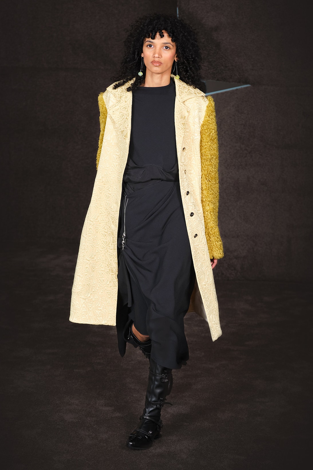 Kiko Kostadinov Fall Winter Collection Paris Fashion Week Runway Show Photos Furry Jacket Dress Yellow Black
