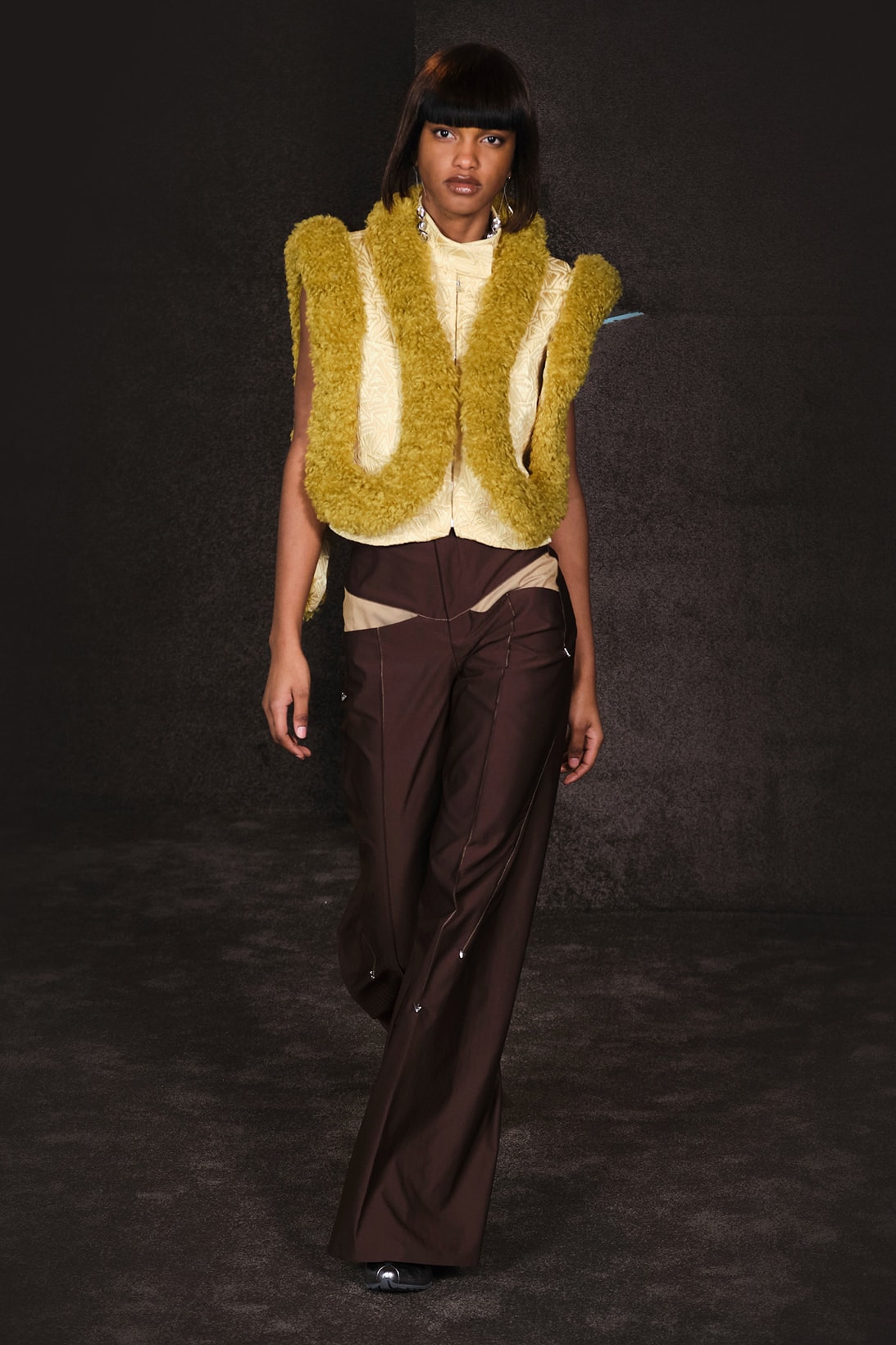 Kiko Kostadinov Fall Winter Collection Paris Fashion Week Runway Show Photos Vest Trousers Yellow Brown