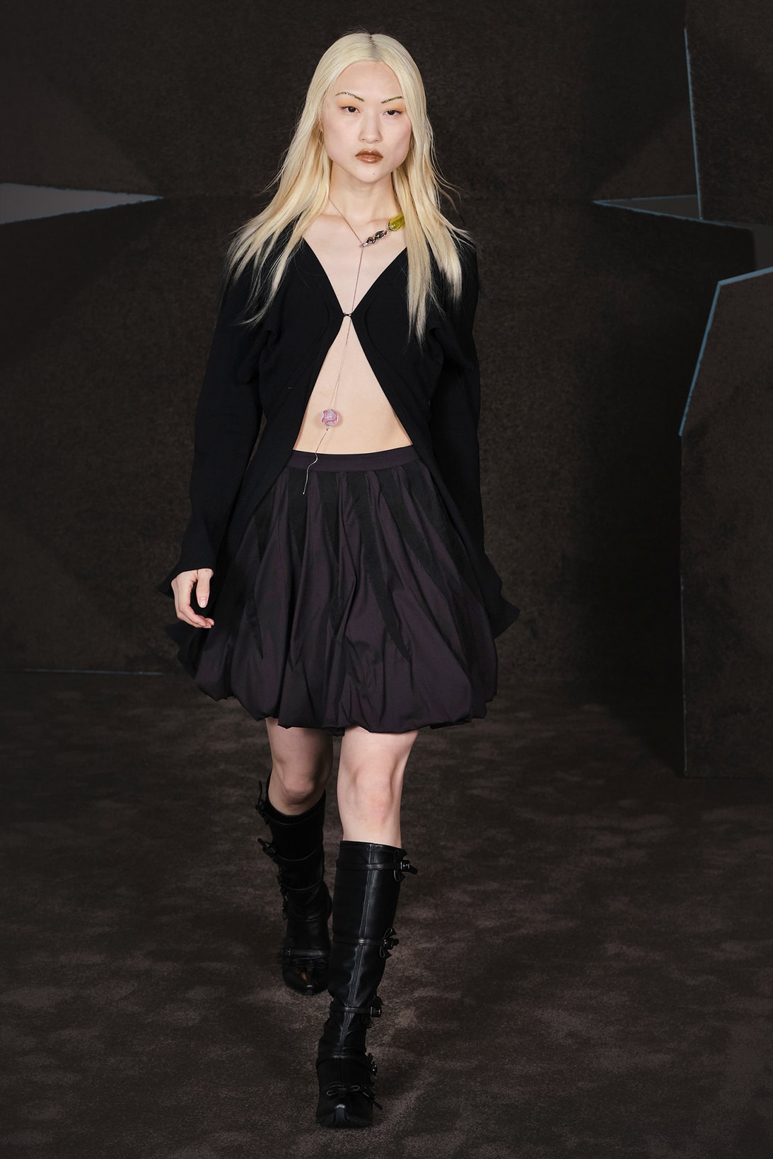 Kiko Kostadinov Fall Winter Collection Paris Fashion Week Runway Show Photos Sweater Skirt Boots Black