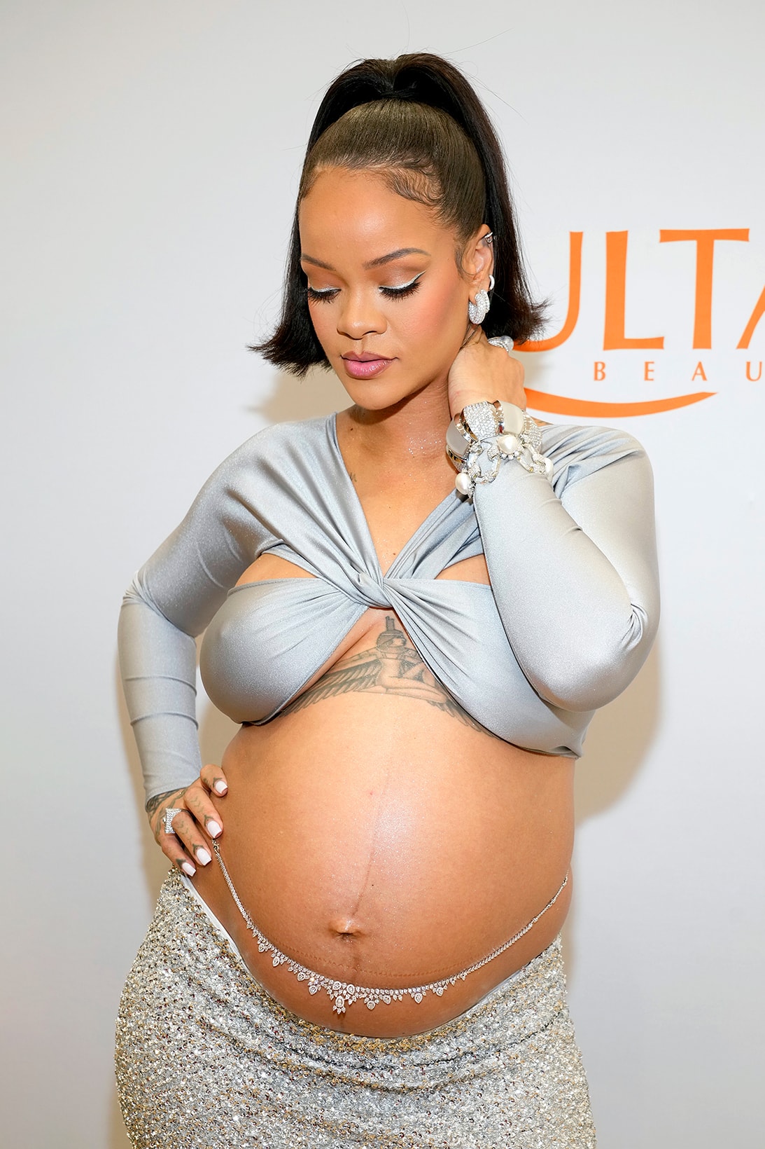 Rihanna Coperni Fenty Beauty Ulta Launch Dress Silver Baby Bump