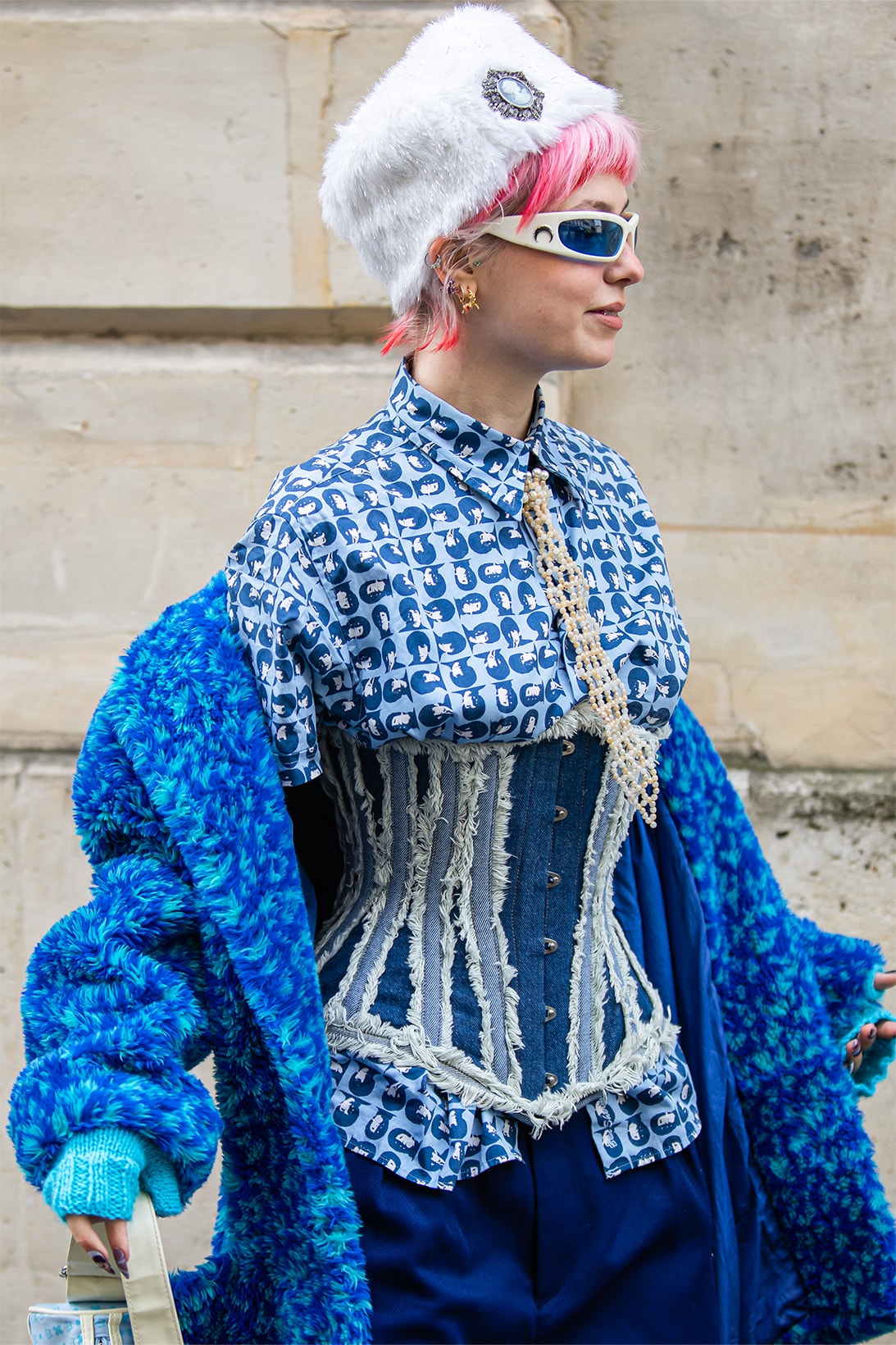 paris fashion week street style fall winter louis vuitton chanel corset shirt beaded tie blue