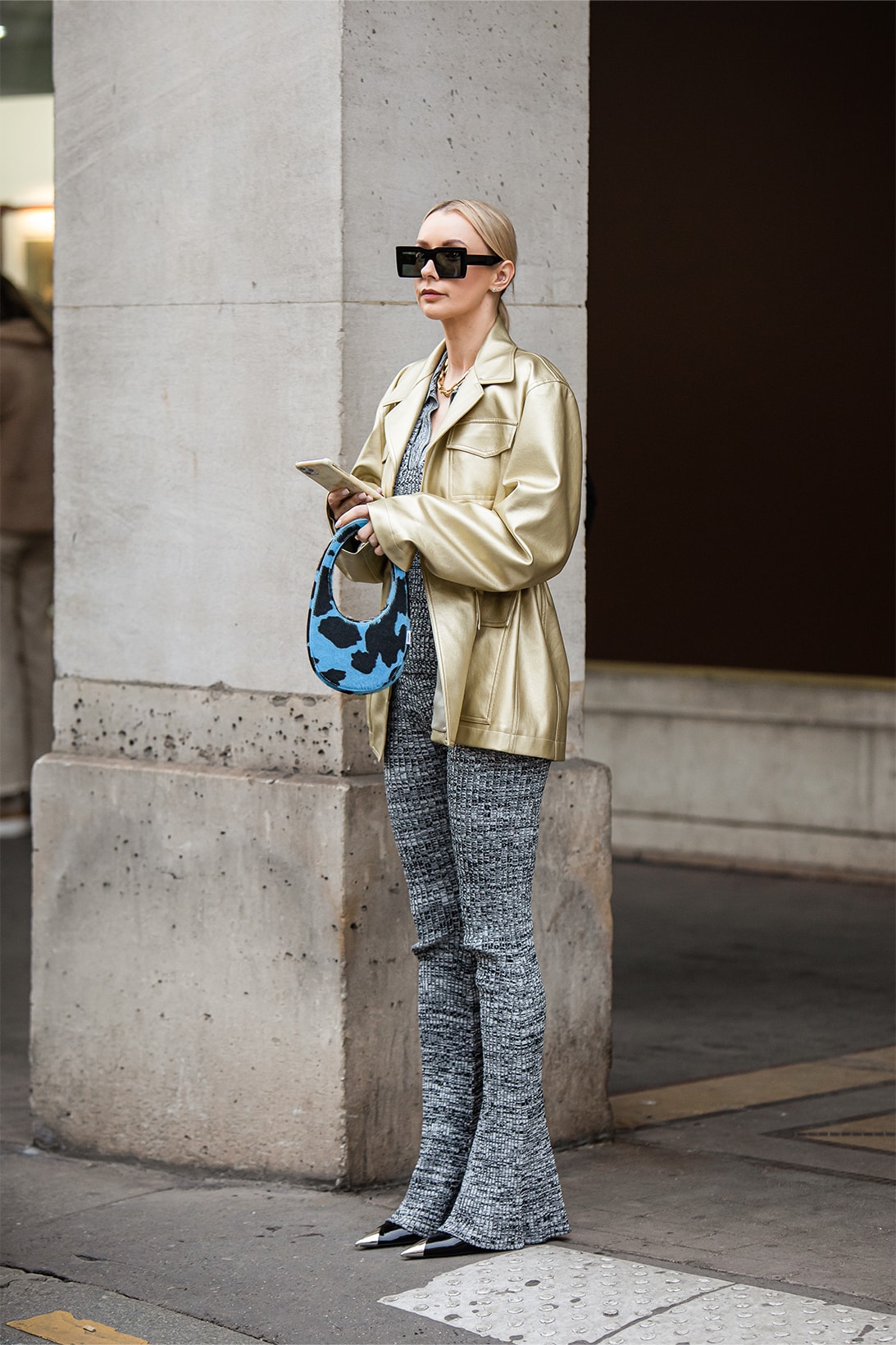 paris fashion week street style fall winter louis vuitton chanel jacket flared trousers gold gray