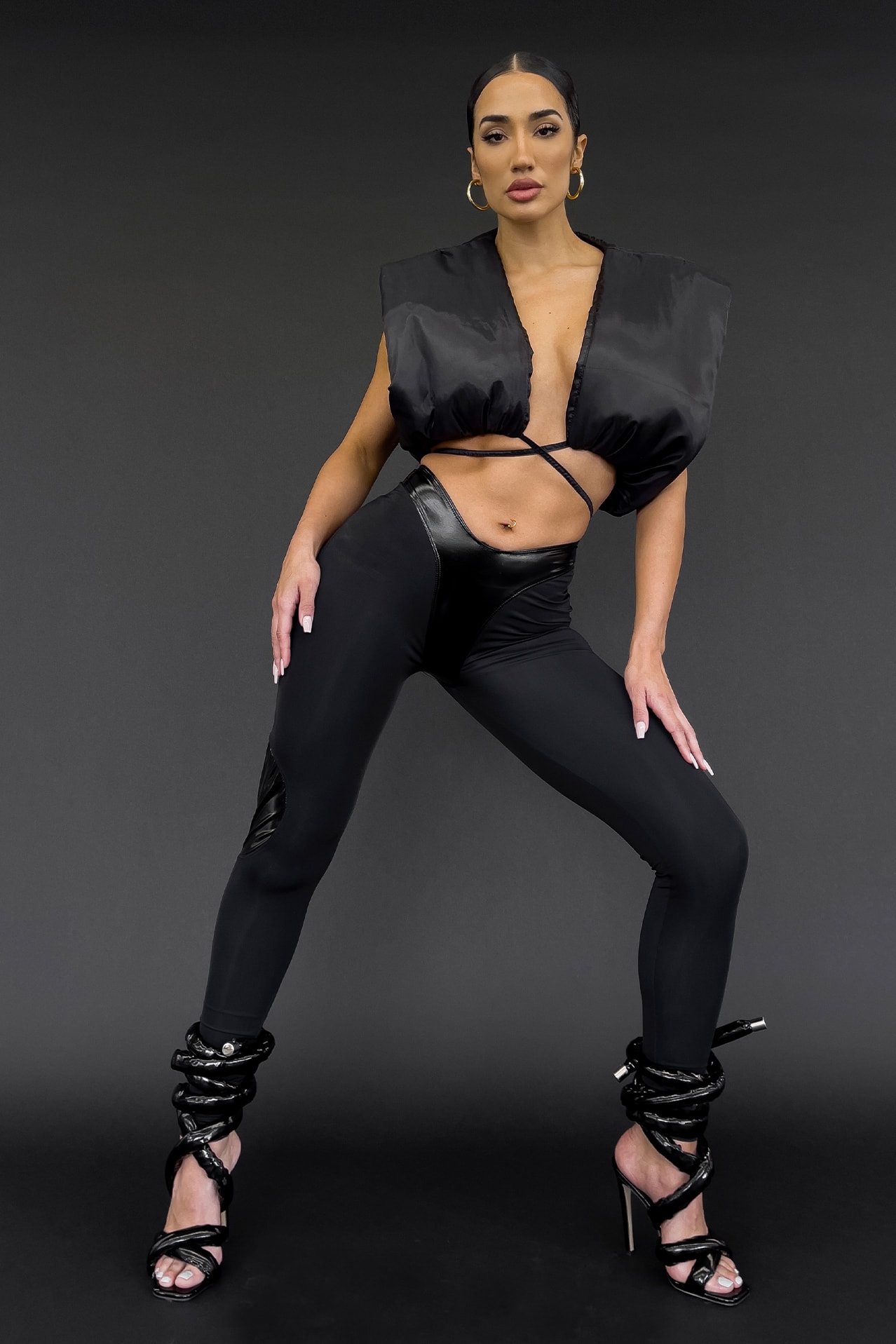 Model in Black Two-Tone Leggings by TLZ L'FEMME