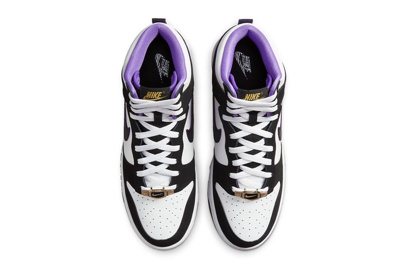 purple black and white nike dunks