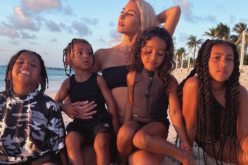 kim kardashian north saint chicago psalm west kids children recreate beach photo